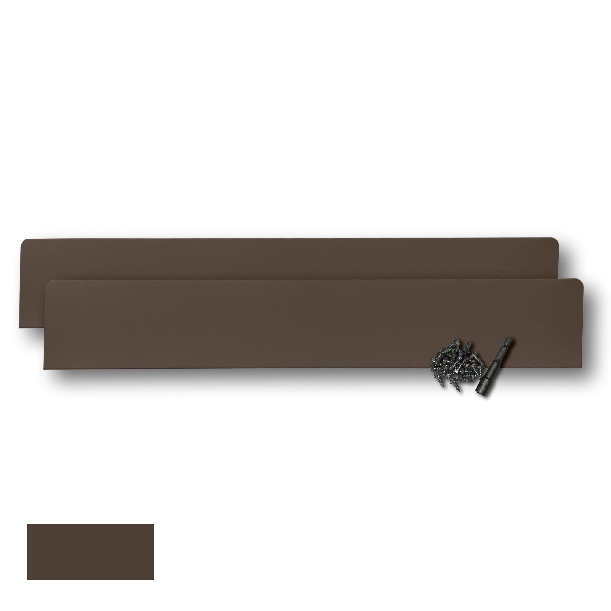 Two Rain Gutter Valley Splash Guards displayed with several sheet metal screws and a magnetic hex bit driver. There is a color swatch in the bottom left corner. The Splash Guards are Extreme Straight in size, and Musket Brown in color.