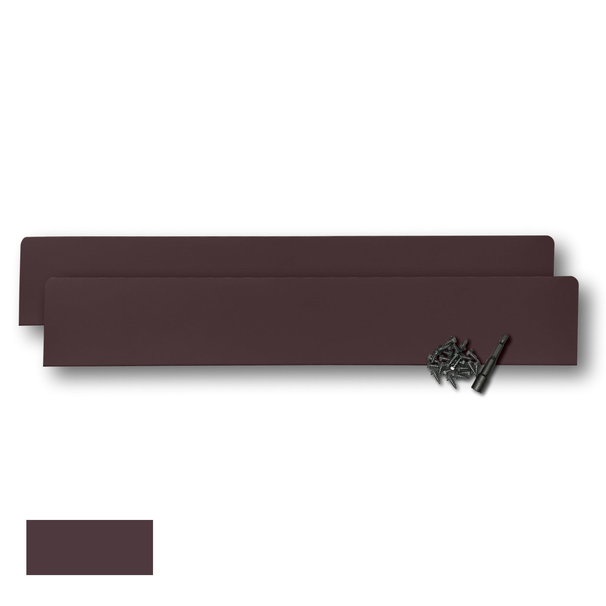 Two Rain Gutter Valley Splash Guards displayed with several sheet metal screws and a magnetic hex bit driver. There is a color swatch in the bottom left corner. The Splash Guards are Extreme Straight in size, and Royal Brown in color.