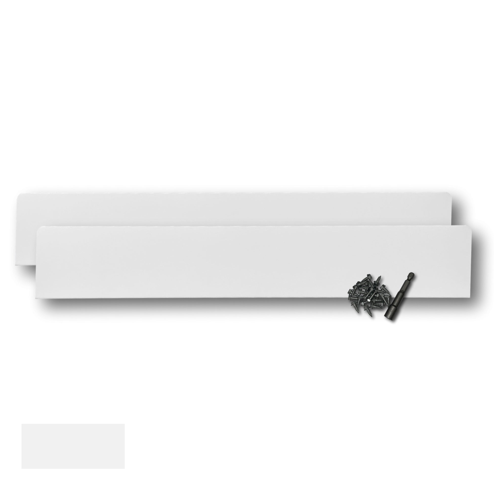 Two Rain Gutter Valley Splash Guards displayed with several sheet metal screws and a magnetic hex bit driver. There is a color swatch in the bottom left corner. The Splash Guards are Extreme Straight in size, and White in color.
