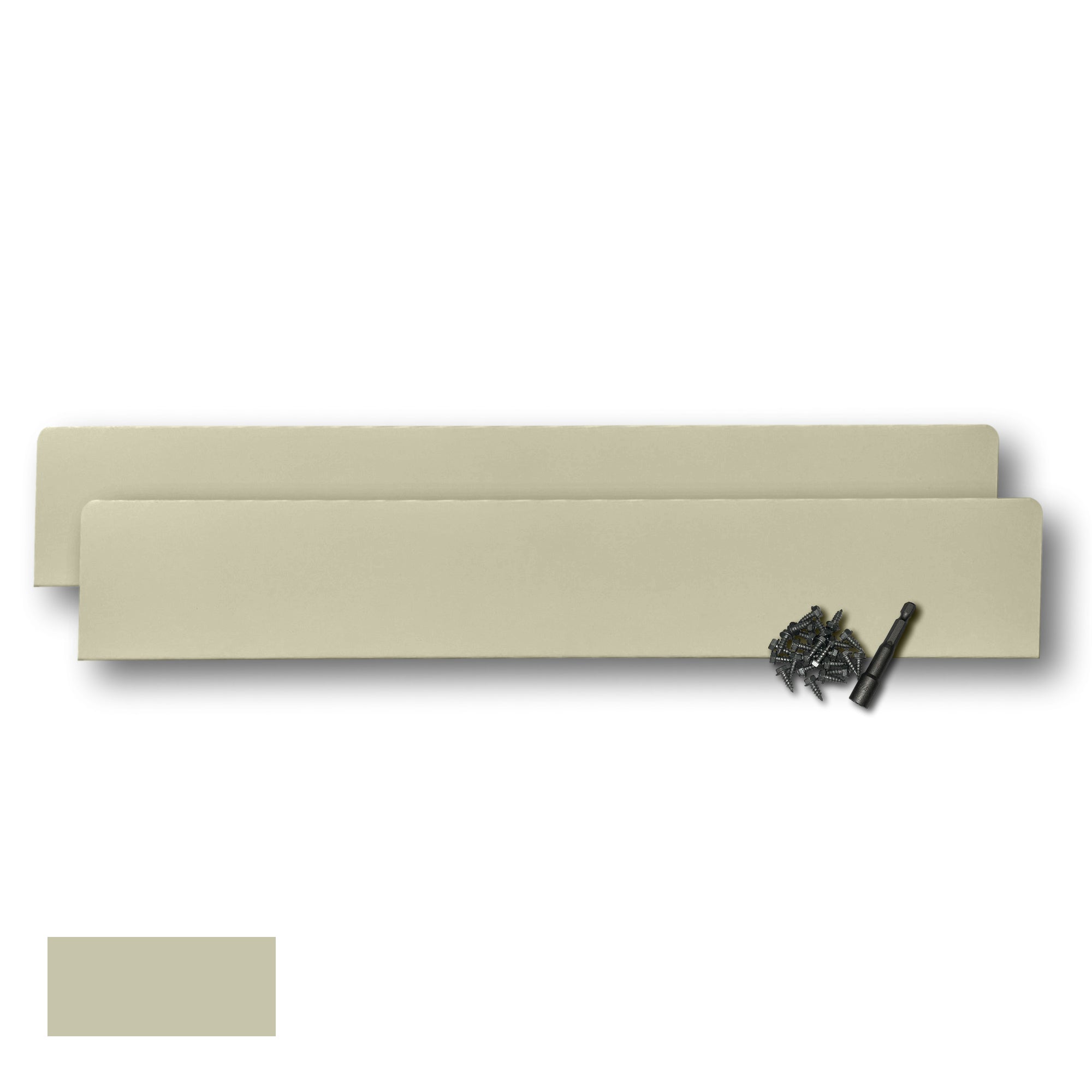 Two Rain Gutter Valley Splash Guards displayed with several sheet metal screws and a magnetic hex bit driver. There is a color swatch in the bottom left corner. The Splash Guards are Extreme Straight in size, and Wicker in color.