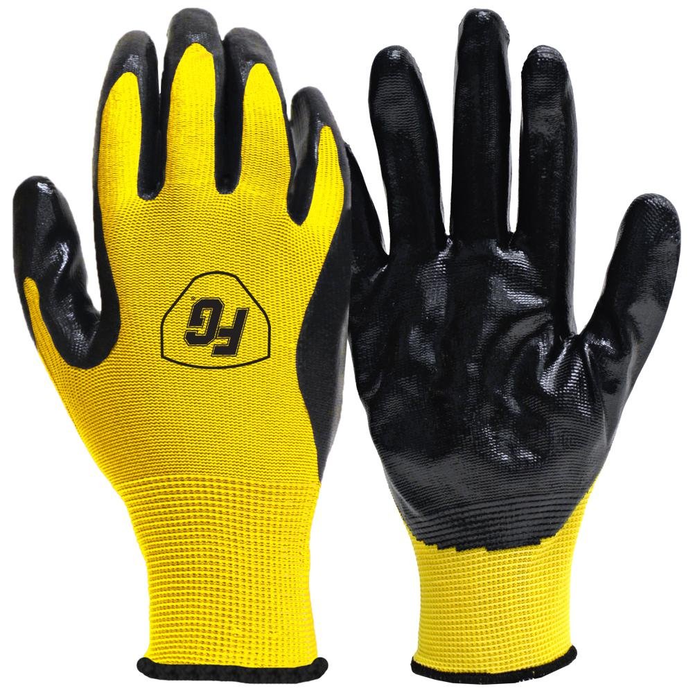 A pair of Nitrile Coated Firm Grip Gloves that are angled to show both the front and back. The Gloves are made of a nitrile coated fabric that is yellow on the backside and black on the inside.