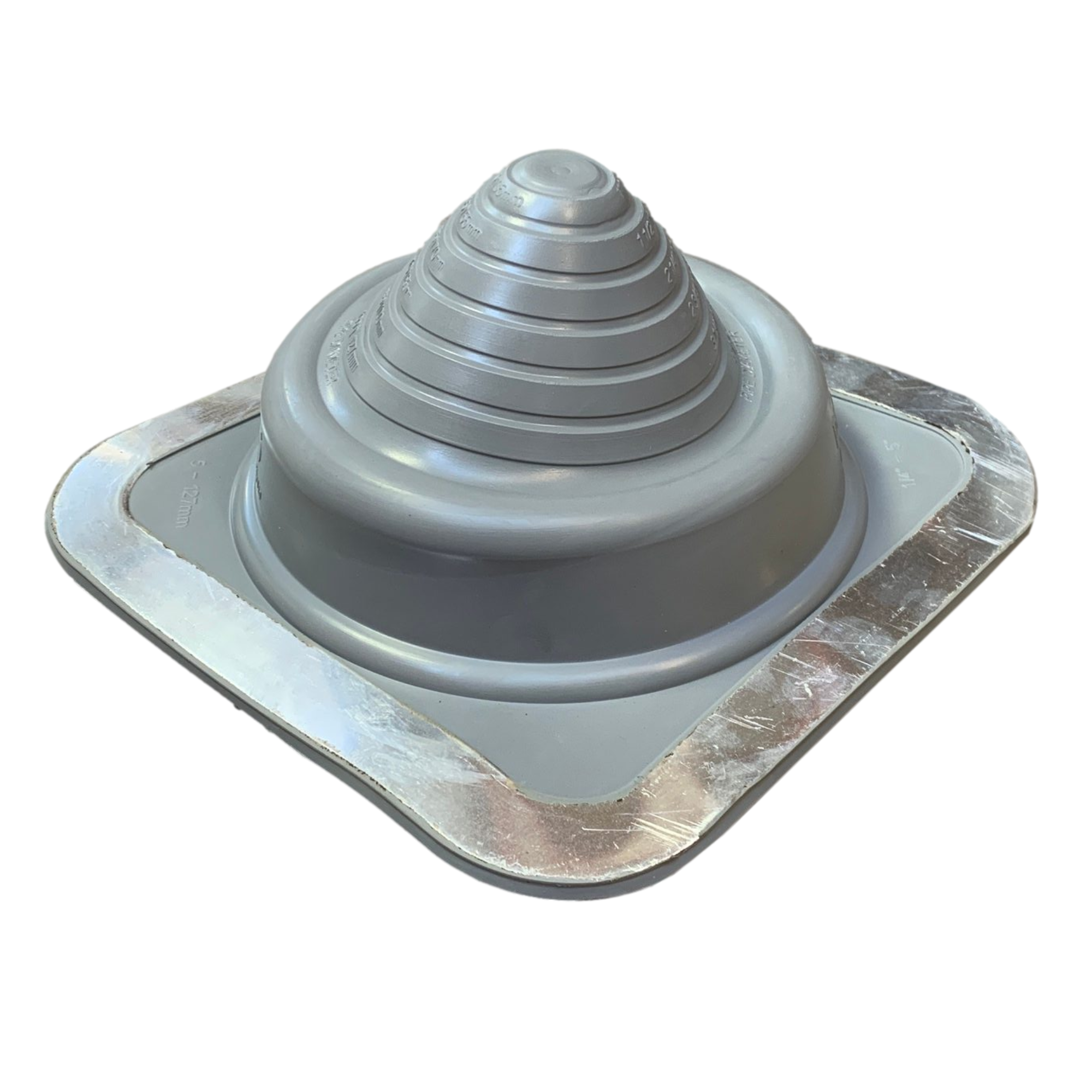 A number 3 size Gray Square Pipe Flashing Boot. The boot is made of Silicone, and the measurements are featured on the side of the boot for reference when cutting.