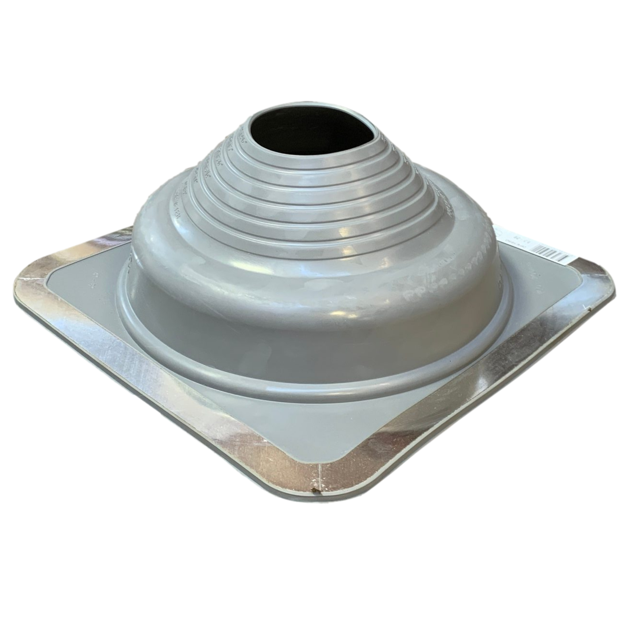 A number 5 size Gray Square Pipe Flashing Boot. The boot is made of Silicone, and the measurements are featured on the side of the boot for reference when cutting.