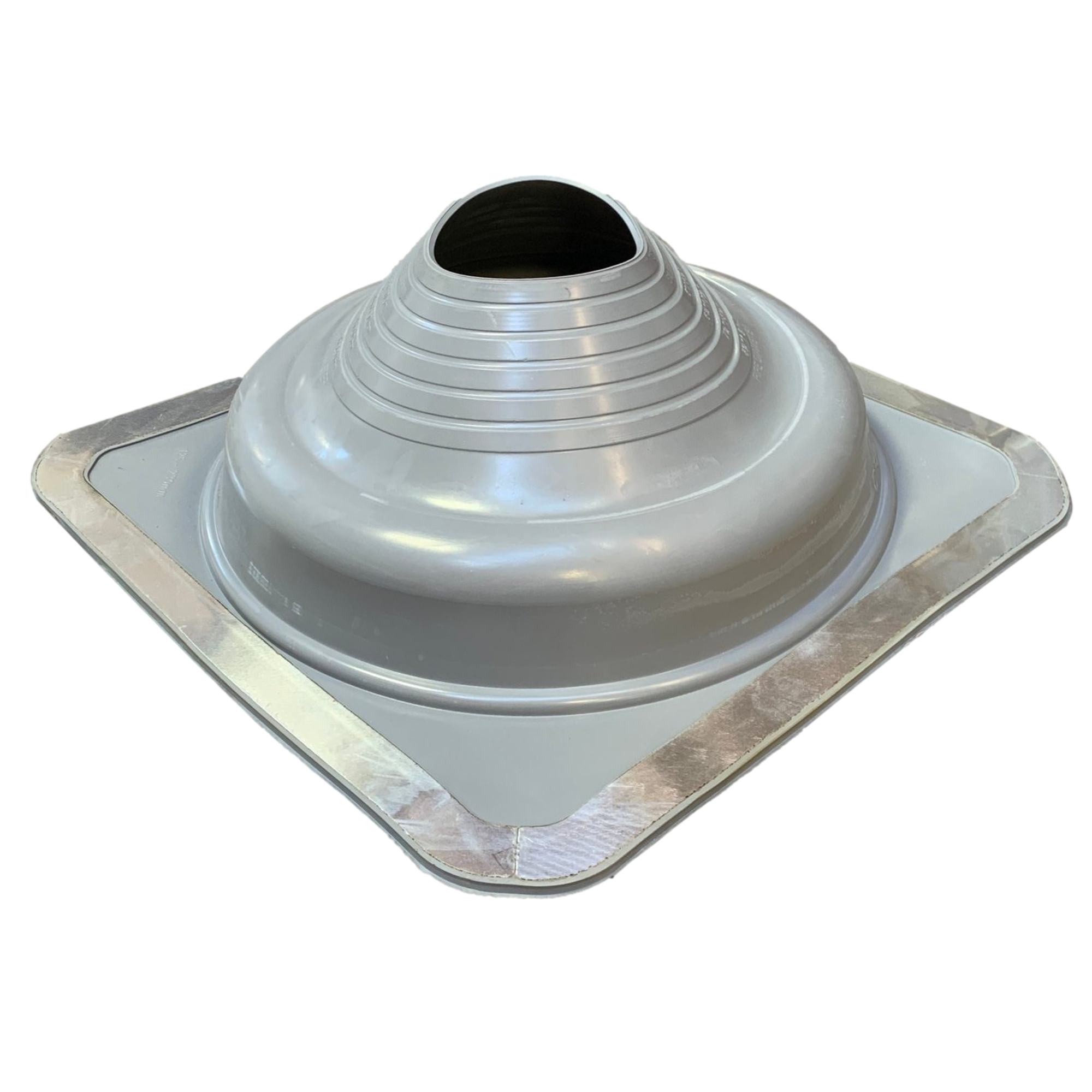 A number 6 size Gray Square Pipe Flashing Boot. The boot is made of Silicone, and the measurements are featured on the side of the boot for reference when cutting.