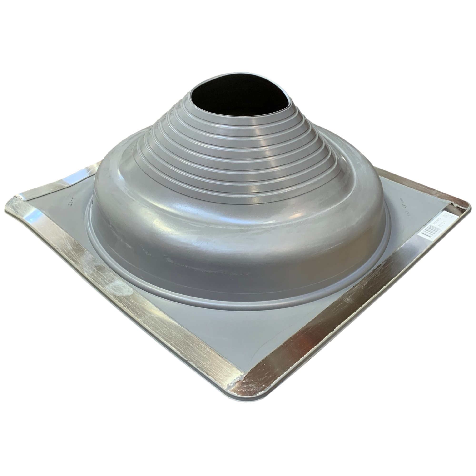 A number 7 size Gray Square Pipe Flashing Boot. The boot is made of Silicone, and the measurements are featured on the side of the boot for reference when cutting.