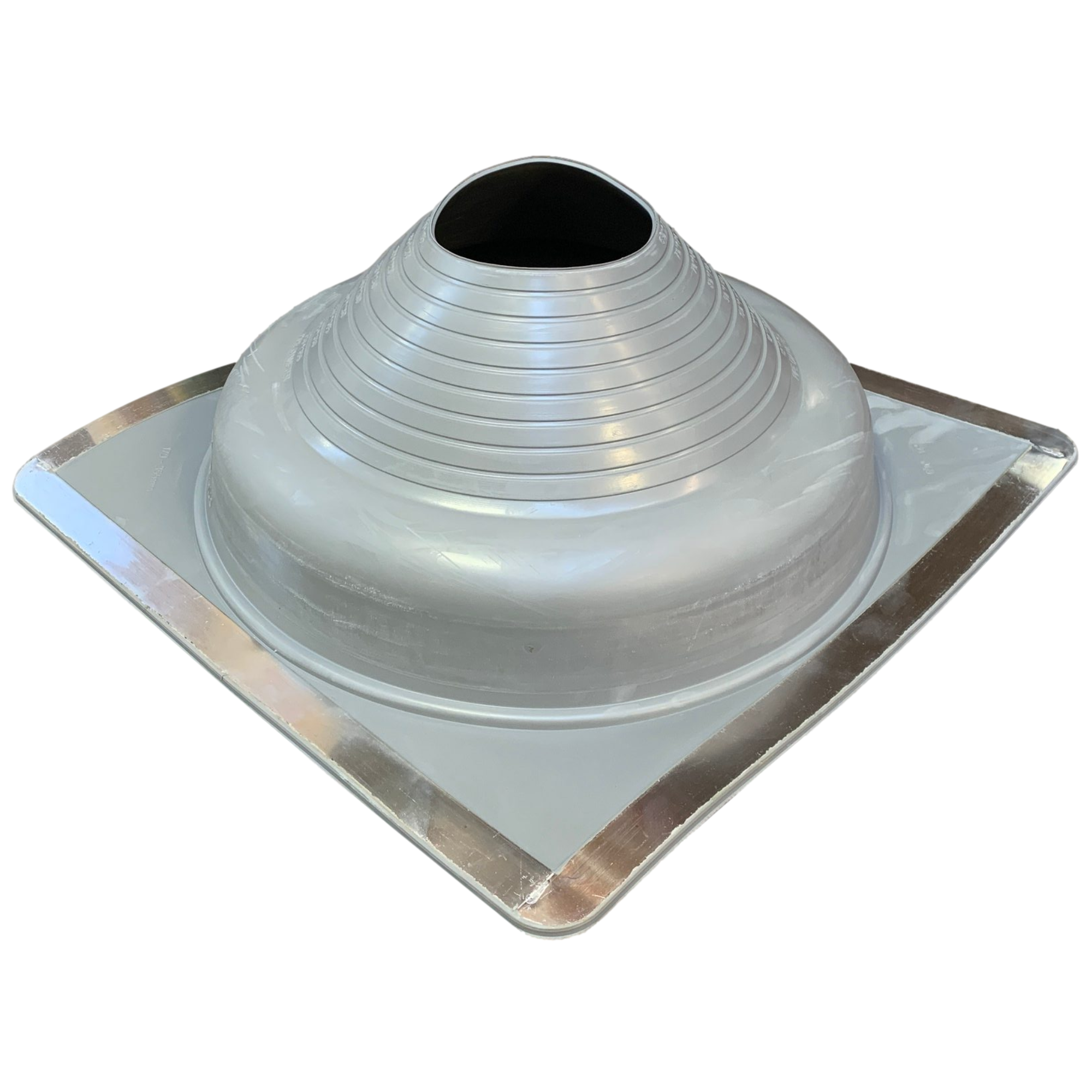 A number 8 size Gray Square Pipe Flashing Boot. The boot is made of Silicone, and the measurements are featured on the side of the boot for reference when cutting.