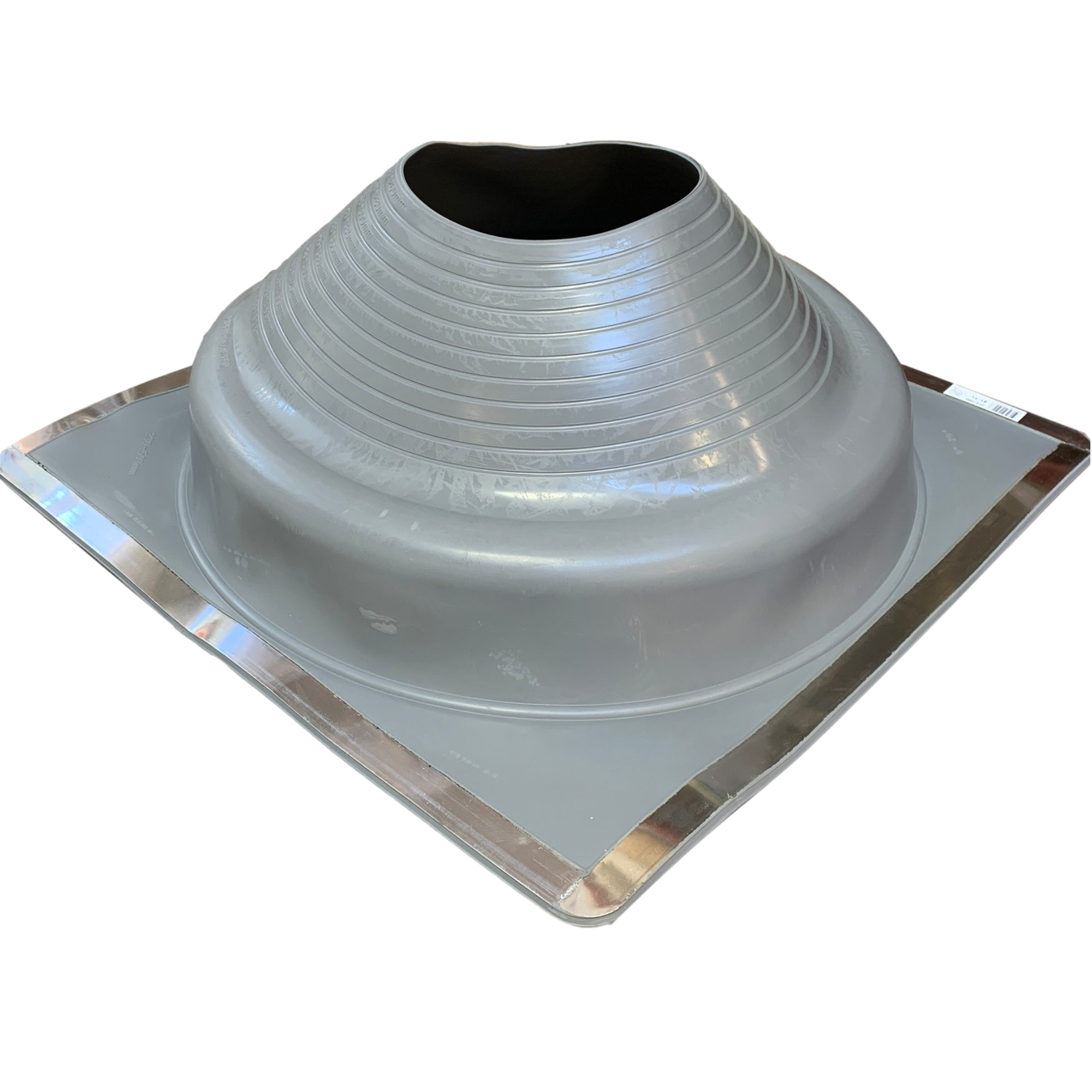 A number 9 size Gray Square Pipe Flashing Boot. The boot is made of Silicone, and the measurements are featured on the side of the boot for reference when cutting.