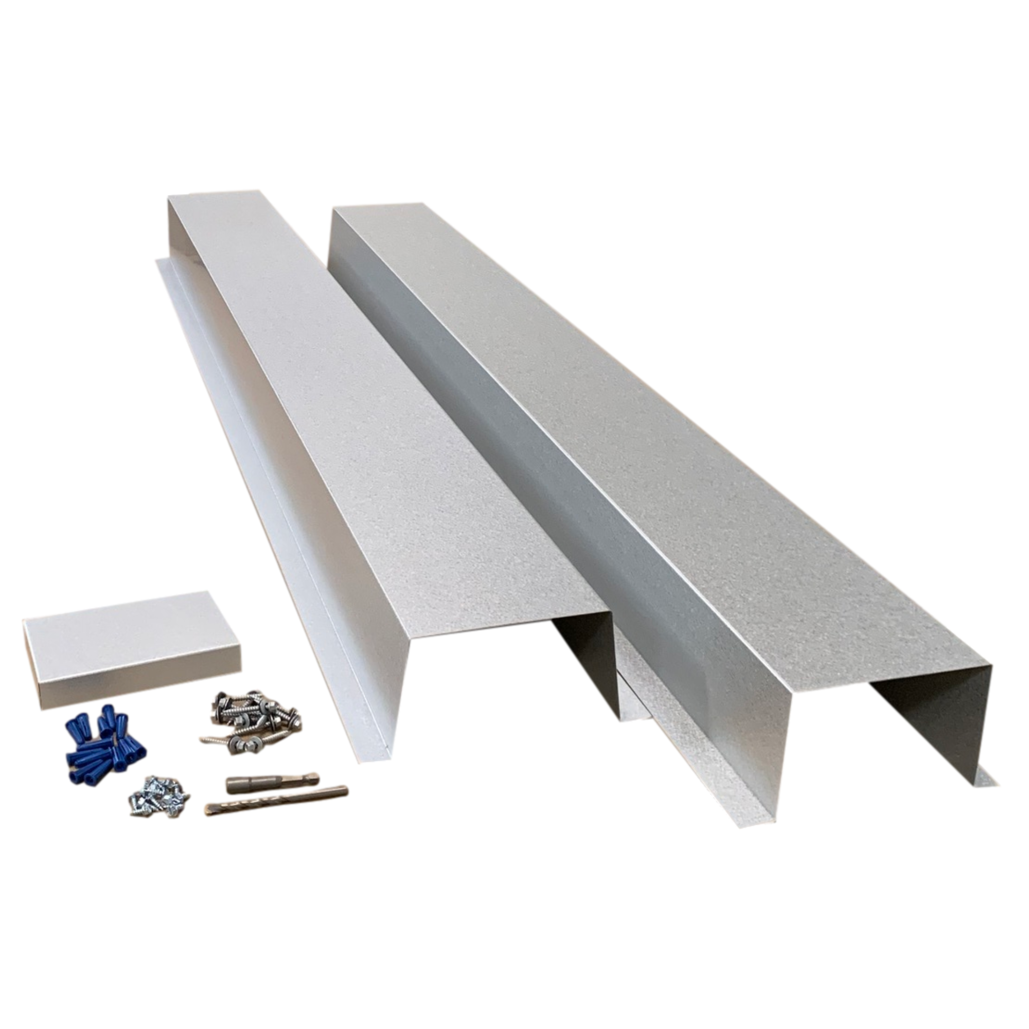 A set of PermaCover HVAC Line Set Covers that consists of two 5 FT sections, two end caps, fasteners, and a hex bit driver and masonry bit. The sections are made for covering existing HVAC line sets, and are made of 26 gauge Galvalume Steel.