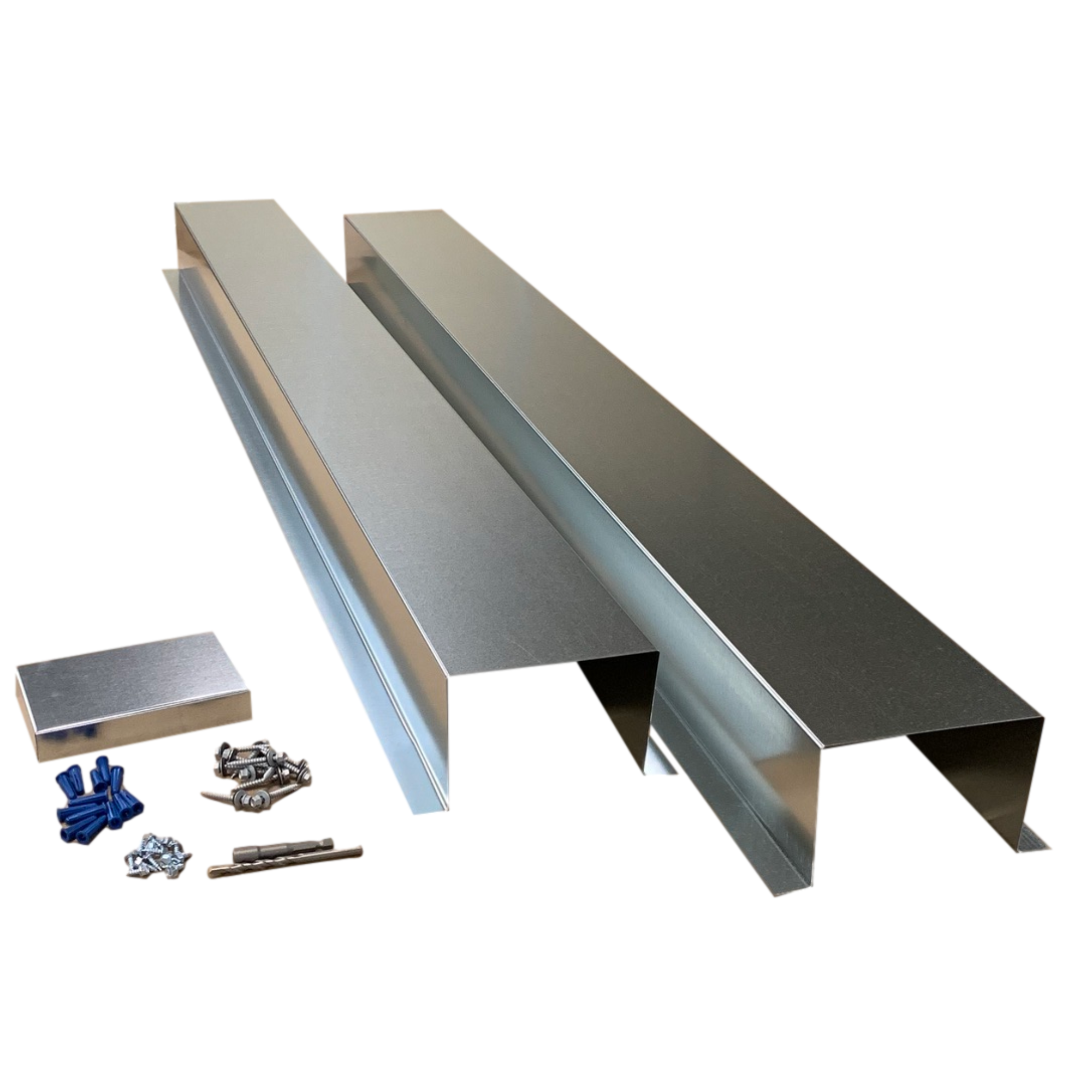 A set of PermaCover HVAC Line Set Covers that consists of two 5 FT sections, two end caps, fasteners, and a hex bit driver and masonry bit. The sections are made for covering existing HVAC line sets, and are made of 26 gauge Galvanized Steel.