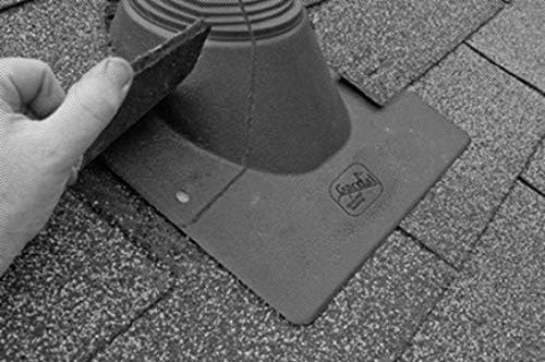 The Garrdal 2-Piece Pipe Flashing Boot and how it is concealed under roof shingles after installation.