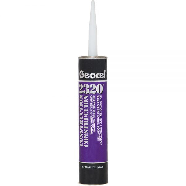 A tube of Geocel 2320 Construction Caulking that shows the plastic tube that does not break down, and the plastic tip for precision when applying the sealant.