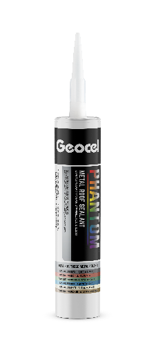 A tube of Geocel Phantom Metal Roofing Sealant that shows the plastic tube that does not break down, and the plastic tip for precision when applying the sealant.