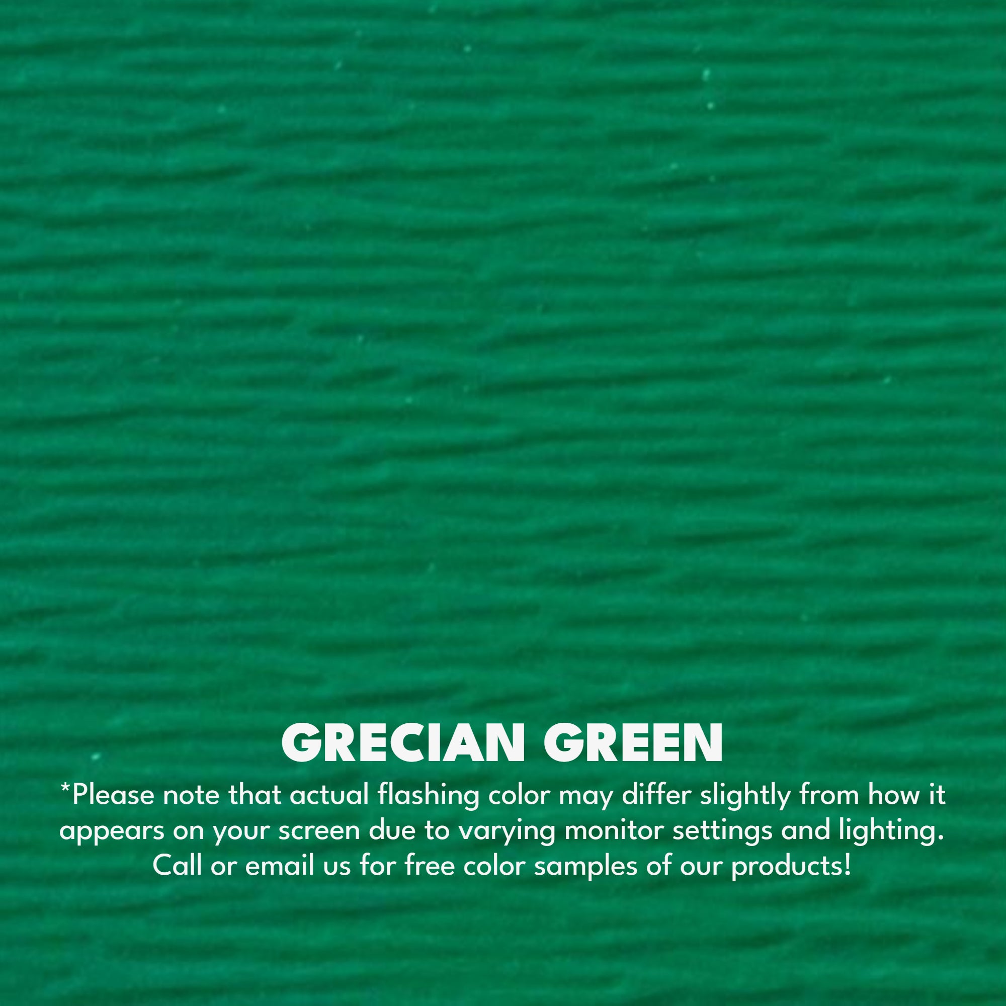 A texture photo of the Woodgrain Finish Aluminum that reads, "Grecian Green: Please note that actual flashing color may differ slightly from how it appears on your screen due to varying monitor settings and lighting. Call or email us for free color samples of our products!"