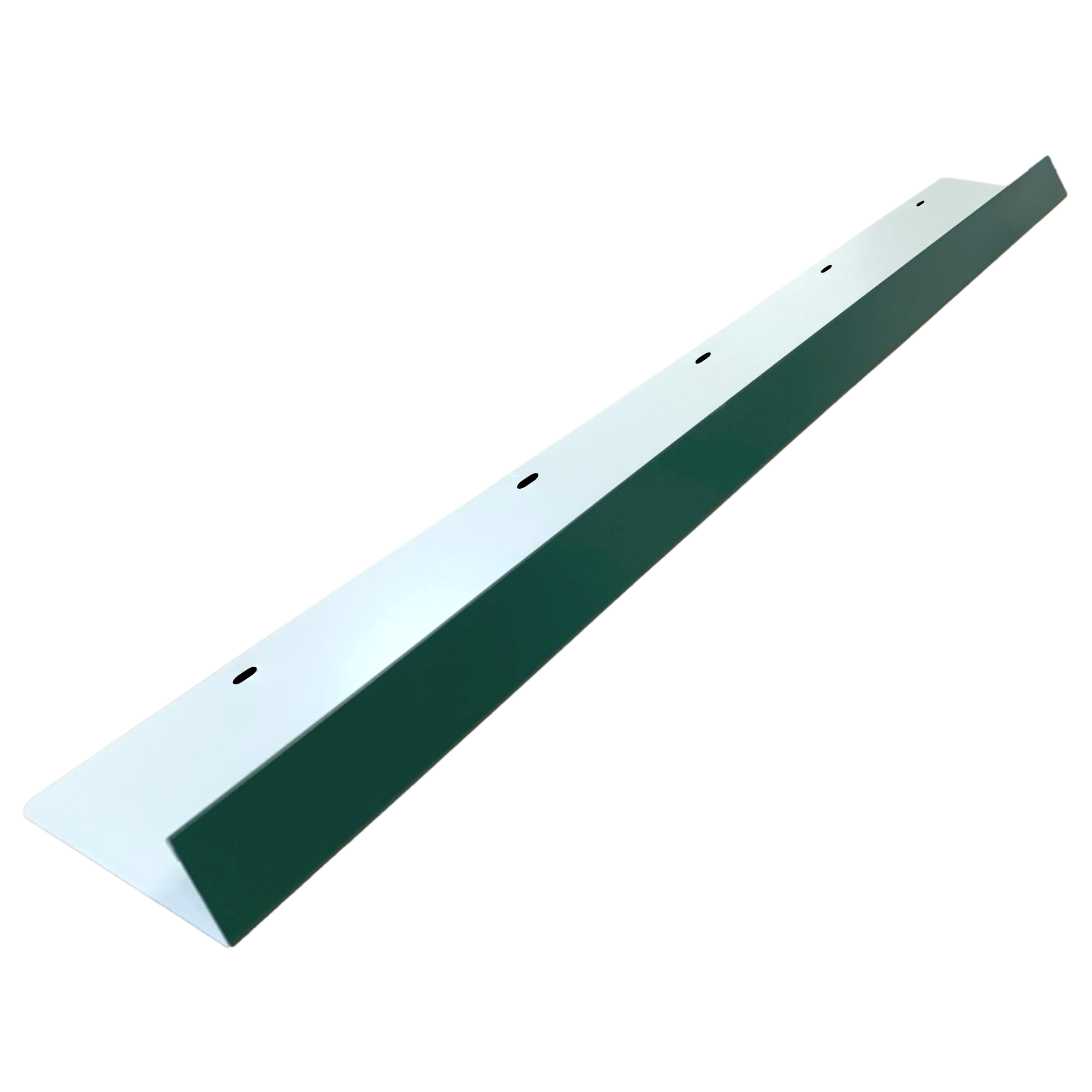 A shingle roof rain diverter that is meant to install over door ways and windows to divert rain water. The rain diverter is made of 26 gauge painted steel and is Forest Green in color.