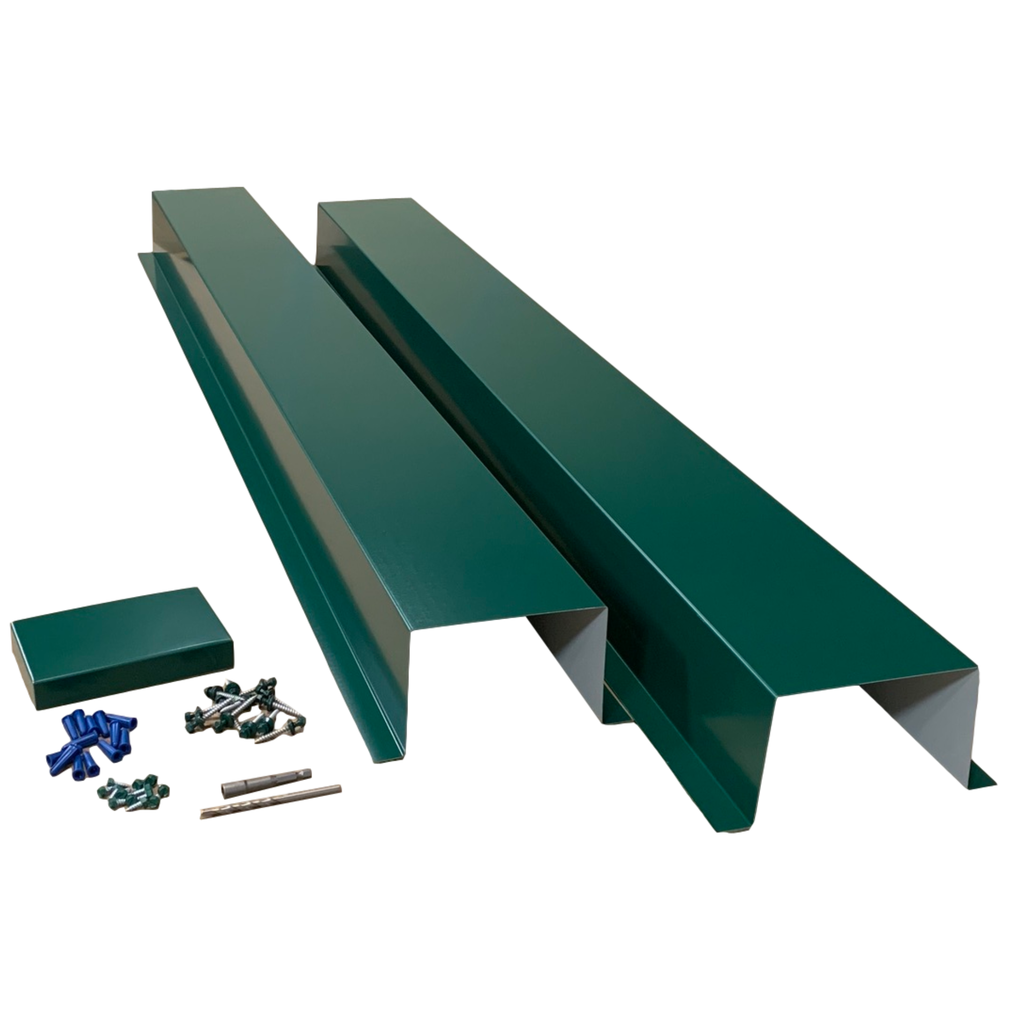 A set of PermaCover HVAC Line Set Covers that consists of two 5 FT sections, two end caps, fasteners, and a hex bit driver and masonry bit. The sections are made for covering existing HVAC line sets, and are made of 26 gauge painted steel in the color Forest Green.