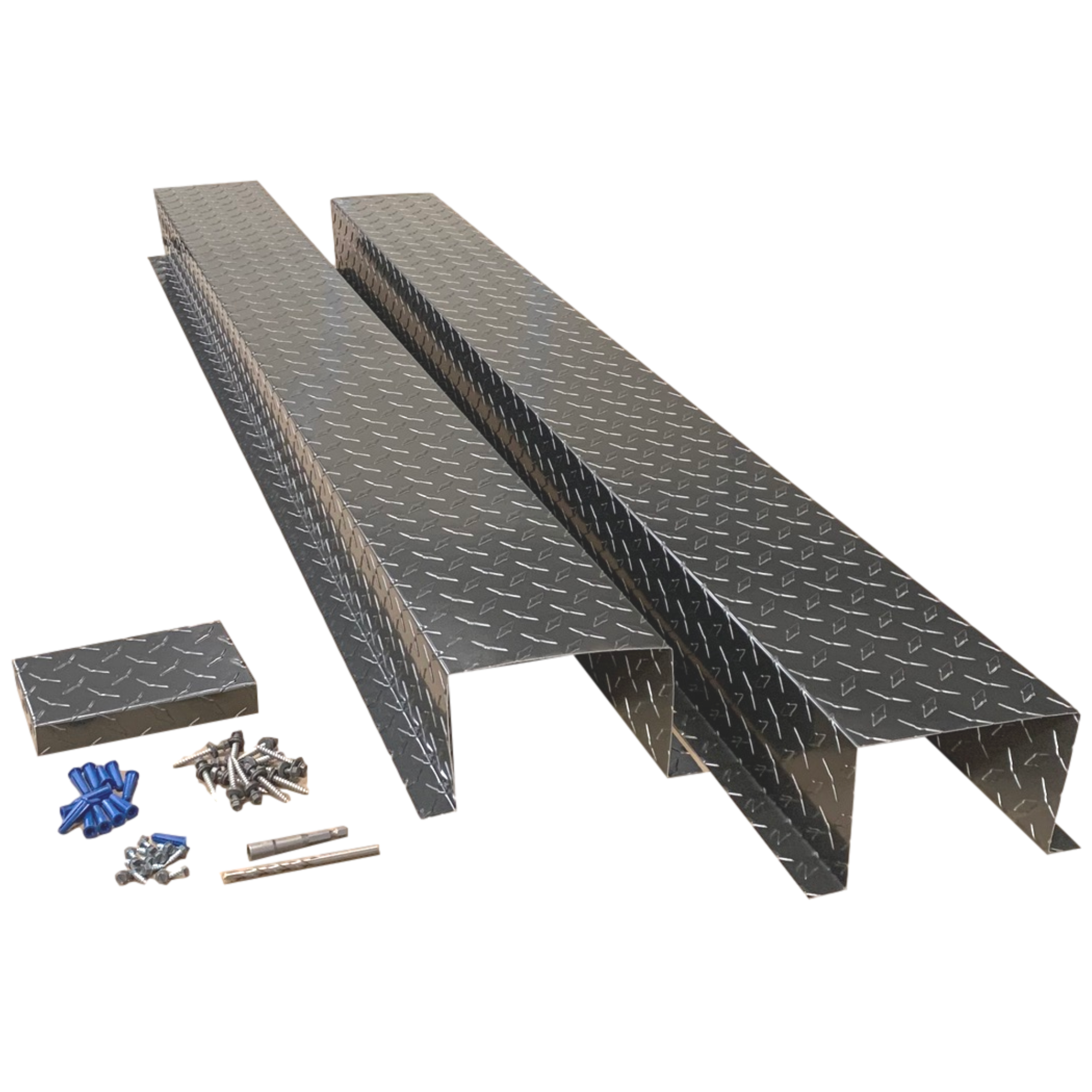A set of PermaCover HVAC Line Set Covers that consists of two 5 FT sections, two end caps, fasteners, and a hex bit driver and masonry bit. The sections are made for covering existing HVAC line sets, and are made of aluminum diamond tread plate in the color Gray.
