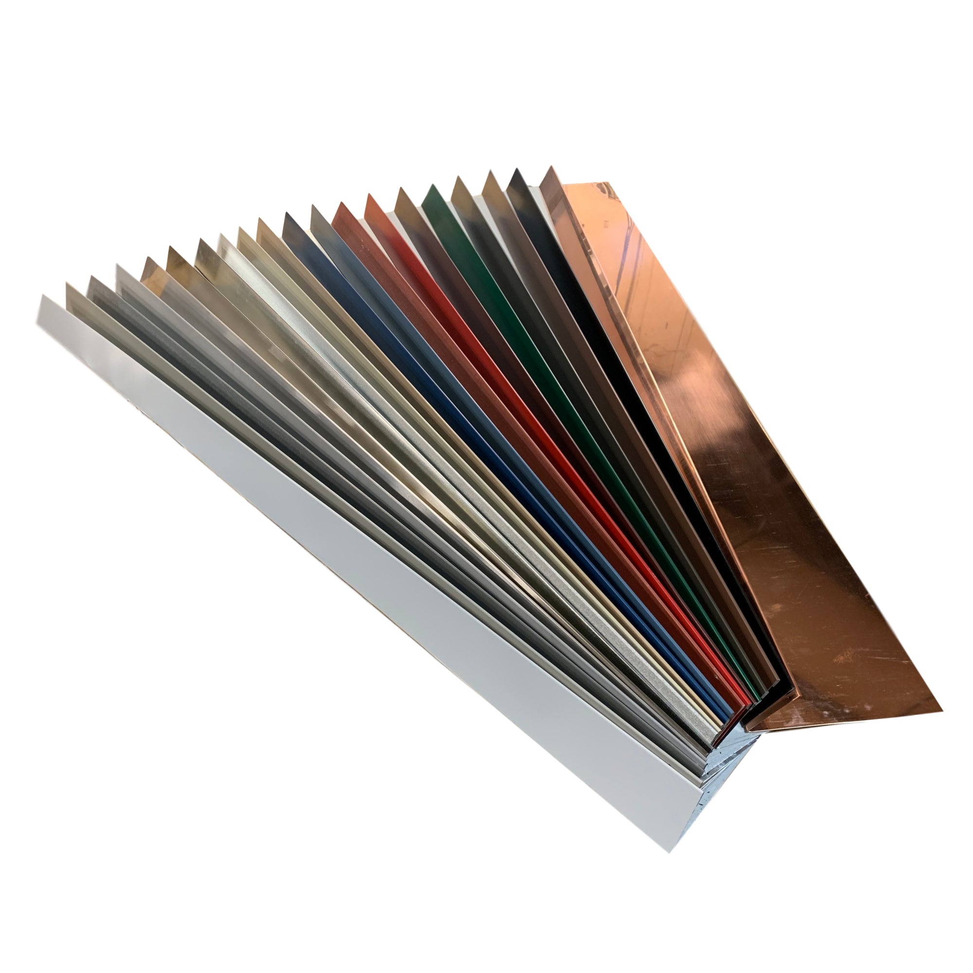 A collection of shingle roof rain diverters in multiple colors.