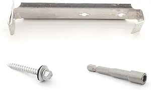 An Aluminum Gutter Hanger Bracket that is used for hanging gutters onto a roof to prevent sagging and low spots. There is a metal roofing screw and a hex bit driver included.