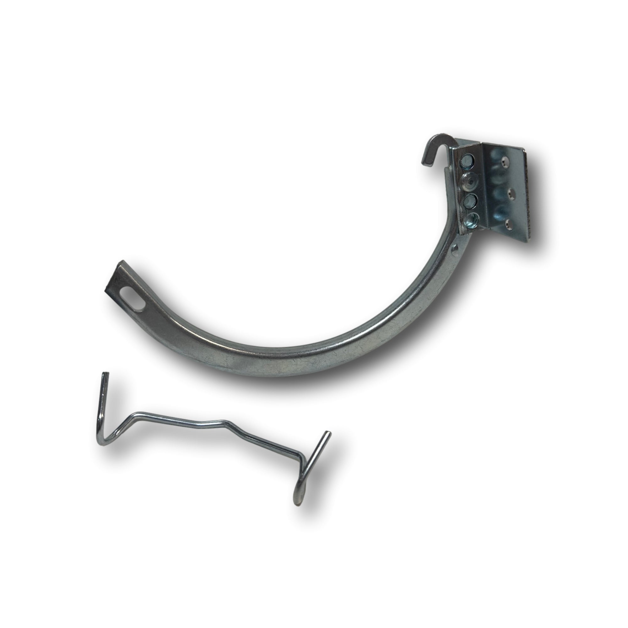 A 6 inch gutter hanger bracket used for hanging half-round gutters with a included spring clip.