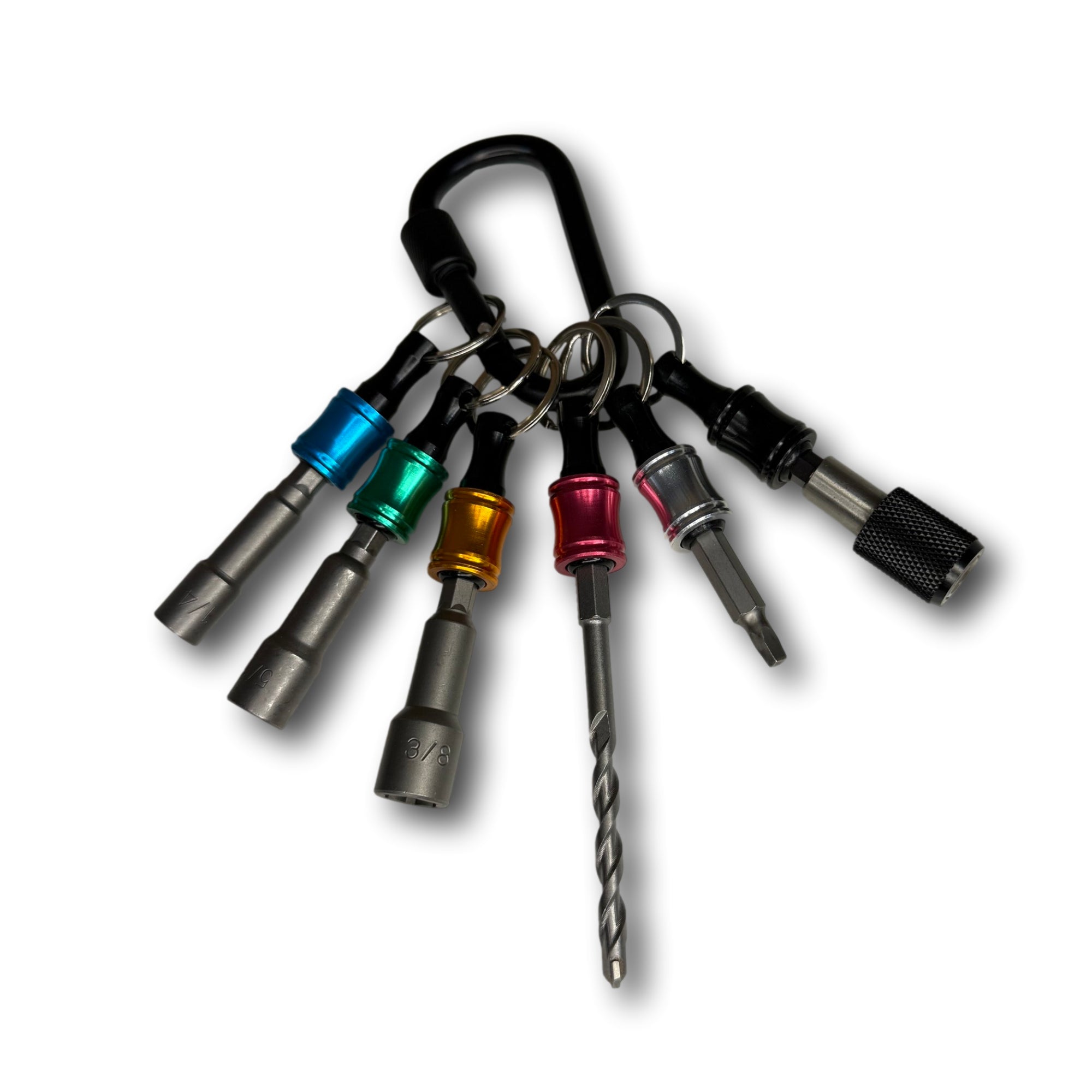 A multi-function keychain that features multiple hex bit drivers and drill bits for roofing applications.