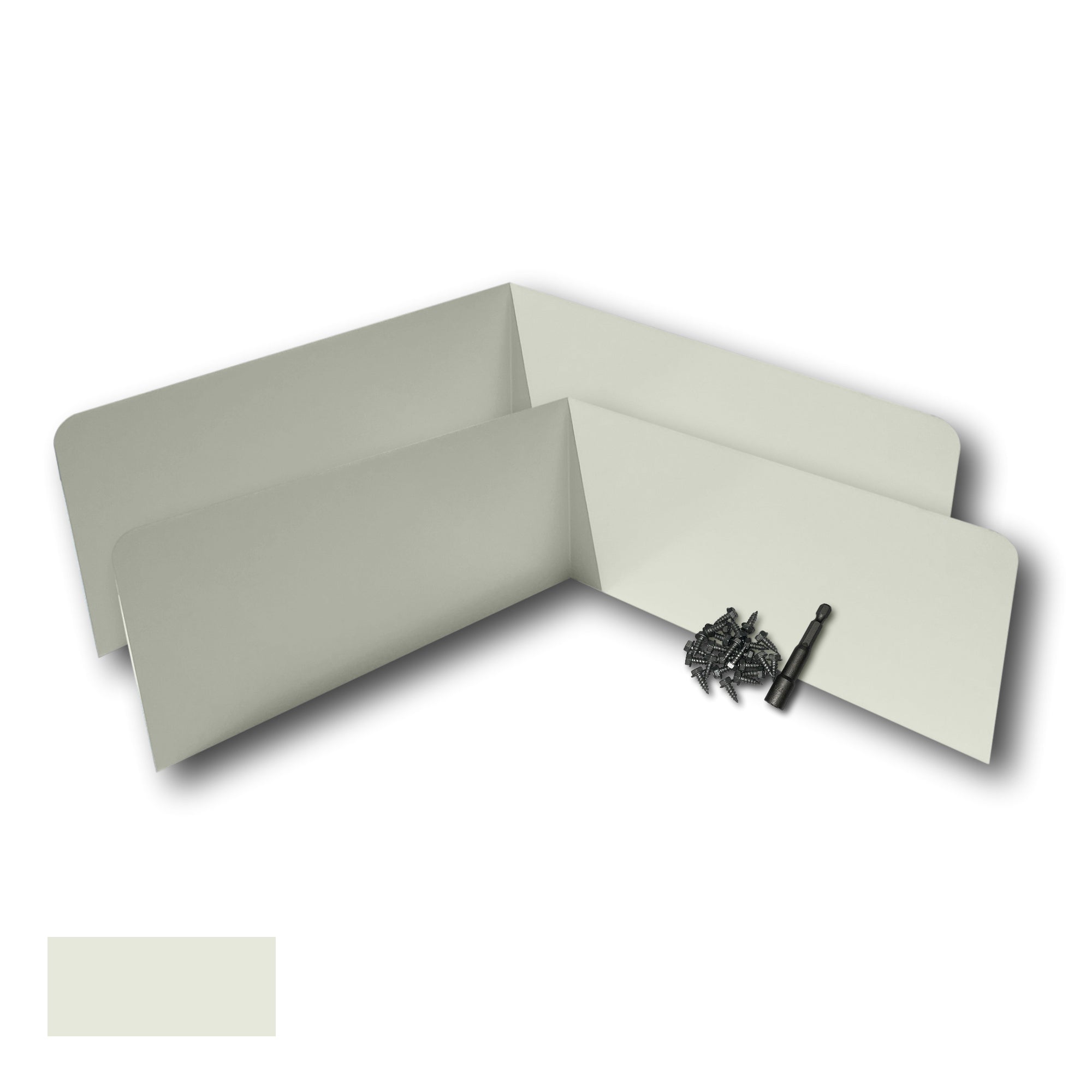Two Rain Gutter Valley Splash Guards displayed with several sheet metal screws and a magnetic hex bit driver. There is a color swatch in the bottom left corner. The Splash Guards are Oversized Bent in size, and Almond in color.