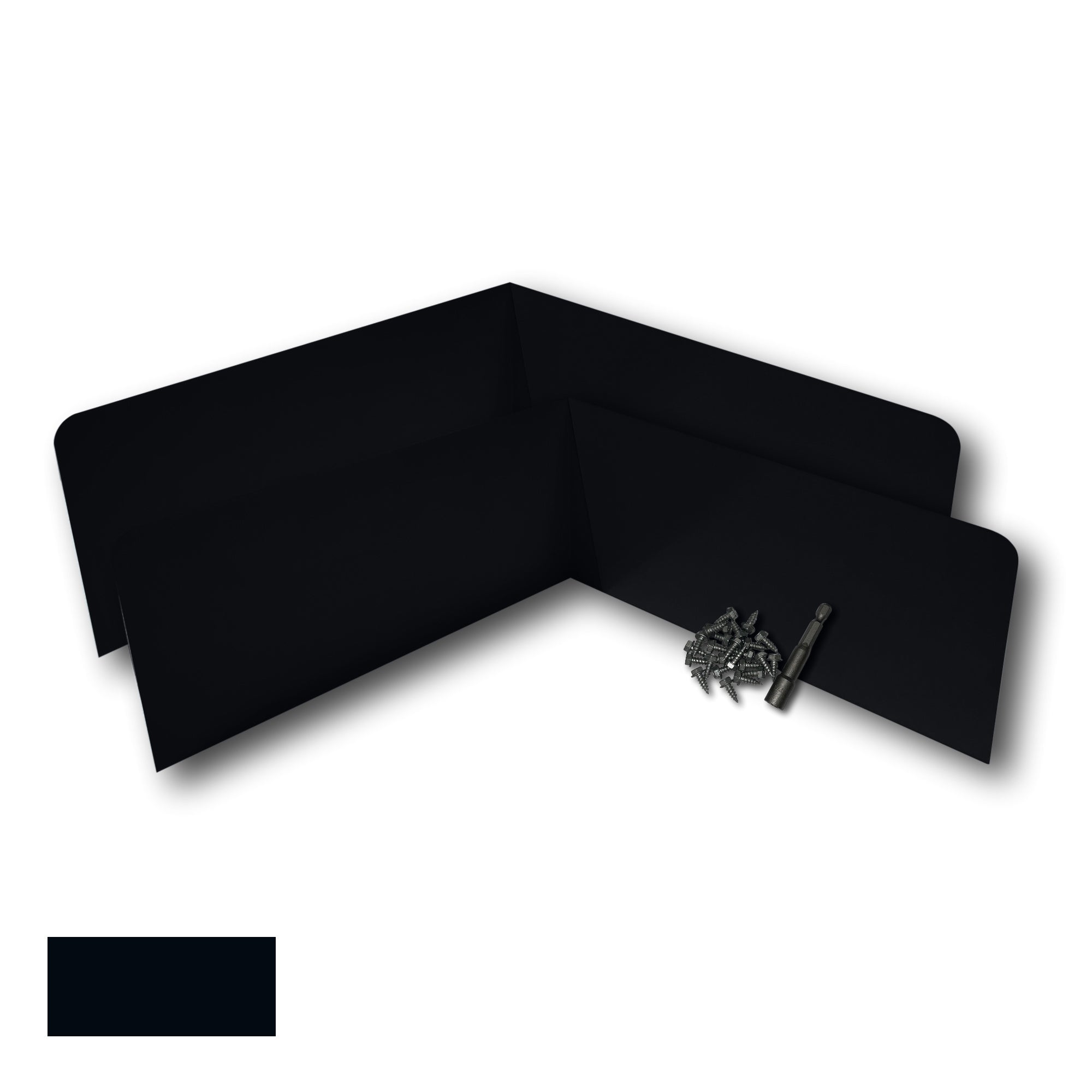 Two Rain Gutter Valley Splash Guards displayed with several sheet metal screws and a magnetic hex bit driver. There is a color swatch in the bottom left corner. The Splash Guards are Oversized Bent in size, and Black in color.