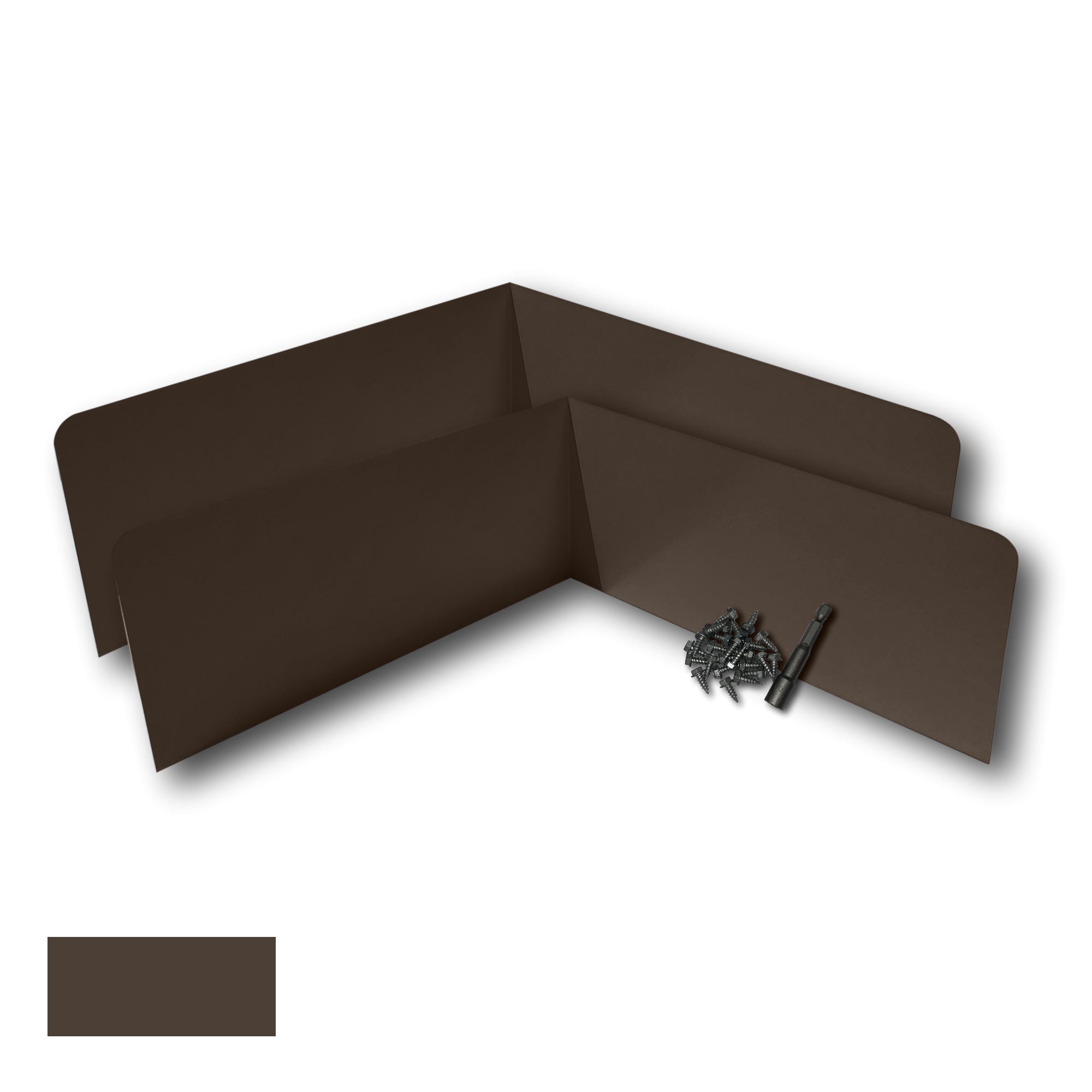 Two Rain Gutter Valley Splash Guards displayed with several sheet metal screws and a magnetic hex bit driver. There is a color swatch in the bottom left corner. The Splash Guards are Oversized Bent in size, and Musket Brown in color.