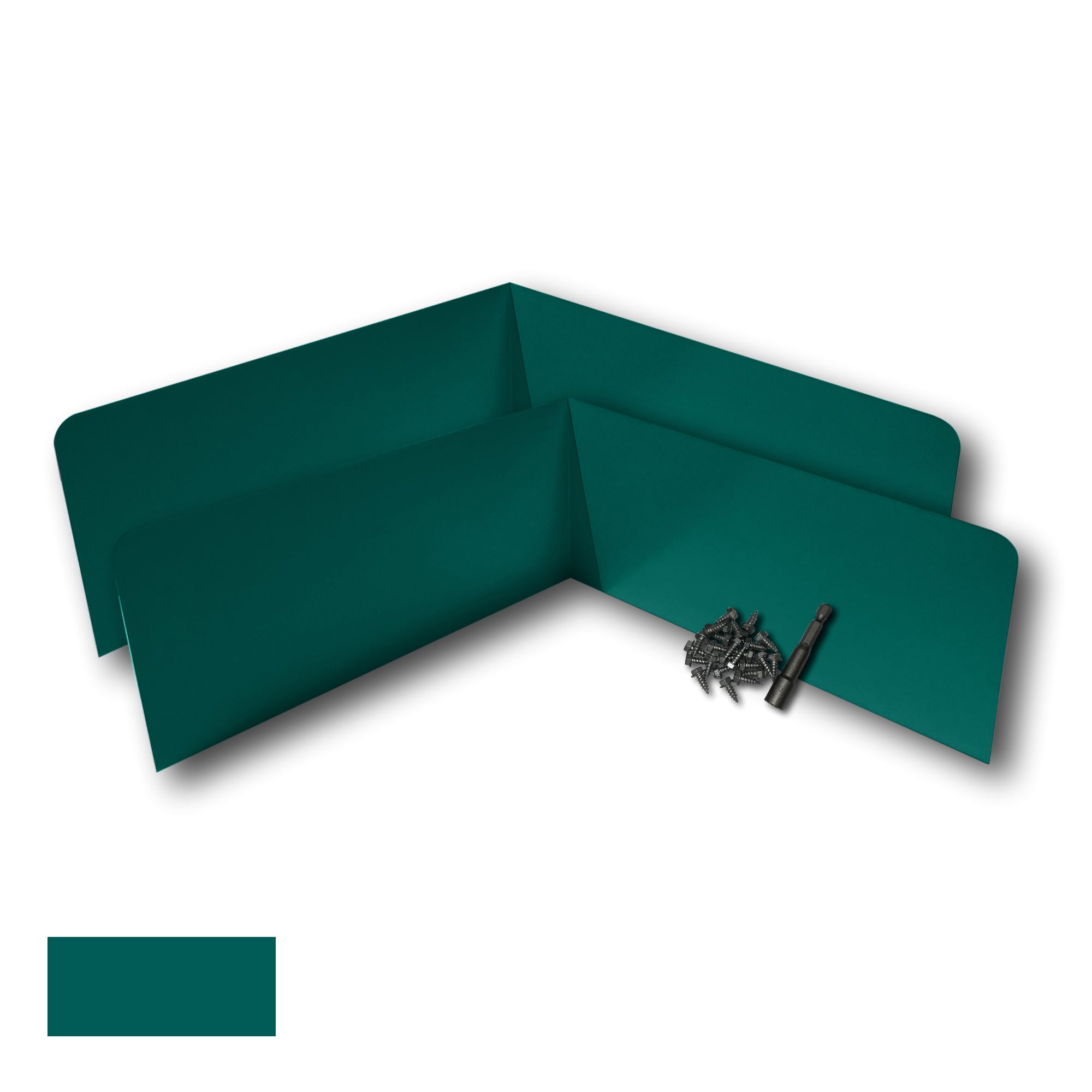 Two Rain Gutter Valley Splash Guards displayed with several sheet metal screws and a magnetic hex bit driver. There is a color swatch in the bottom left corner. The Splash Guards are Oversized Bent in size, and Grecian Green in color.