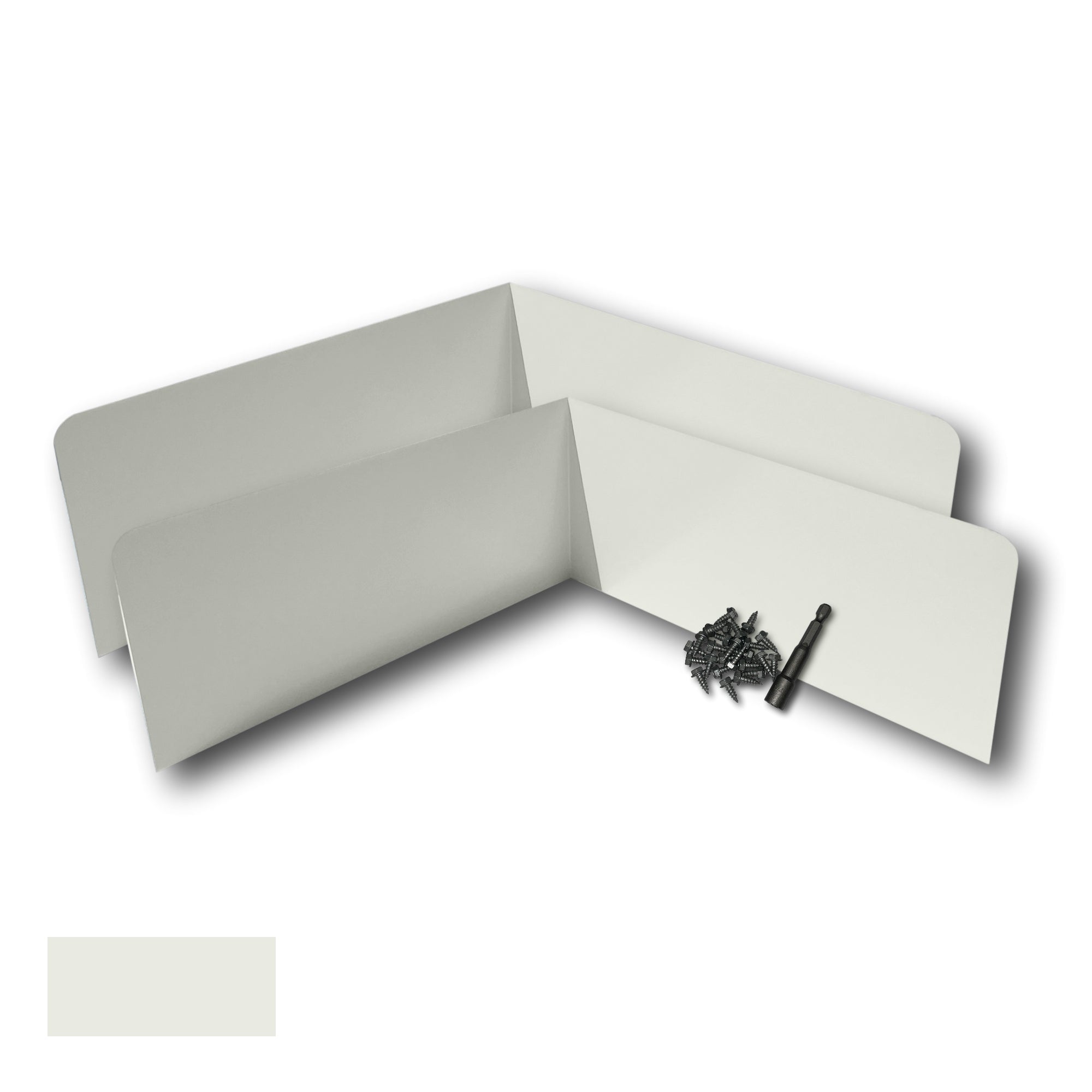 Two Rain Gutter Valley Splash Guards displayed with several sheet metal screws and a magnetic hex bit driver. There is a color swatch in the bottom left corner. The Splash Guards are Oversized Bent in size, and Linen in color.
