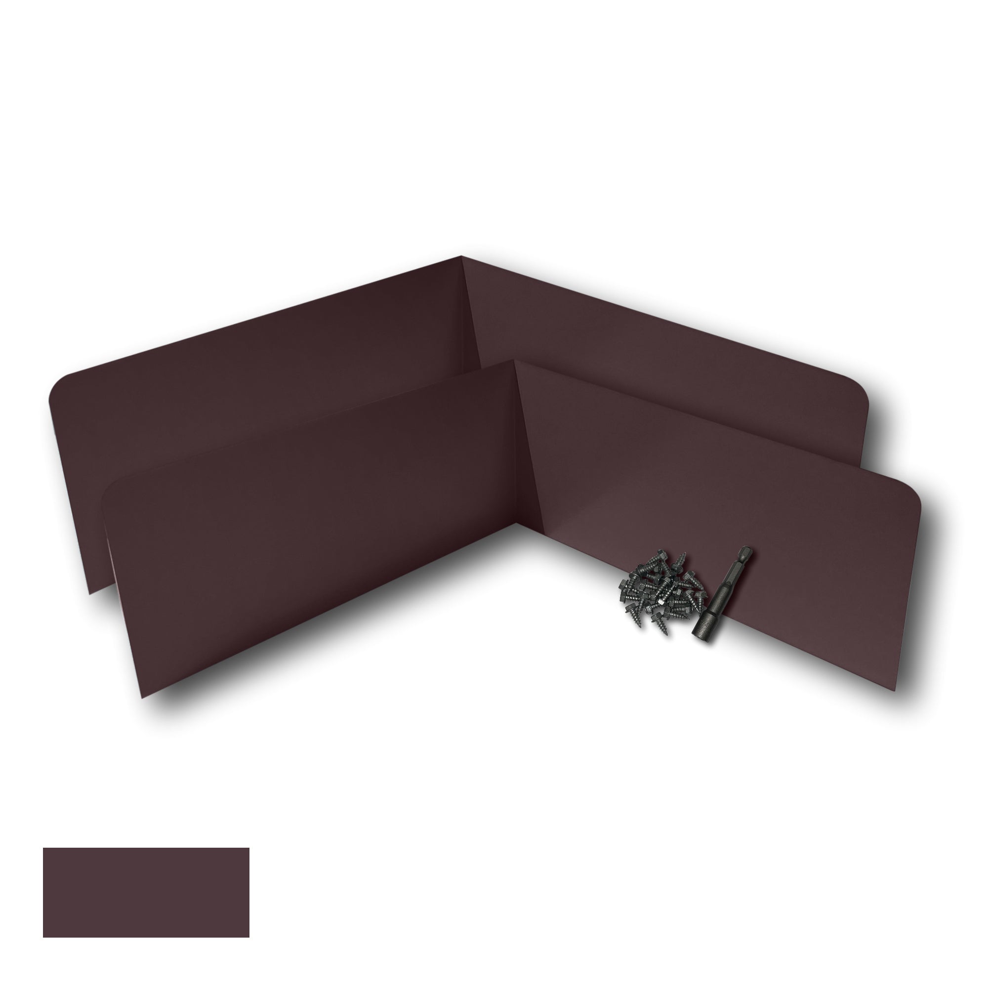 Two Rain Gutter Valley Splash Guards displayed with several sheet metal screws and a magnetic hex bit driver. There is a color swatch in the bottom left corner. The Splash Guards are Oversized Bent in size, and Royal Brown in color.