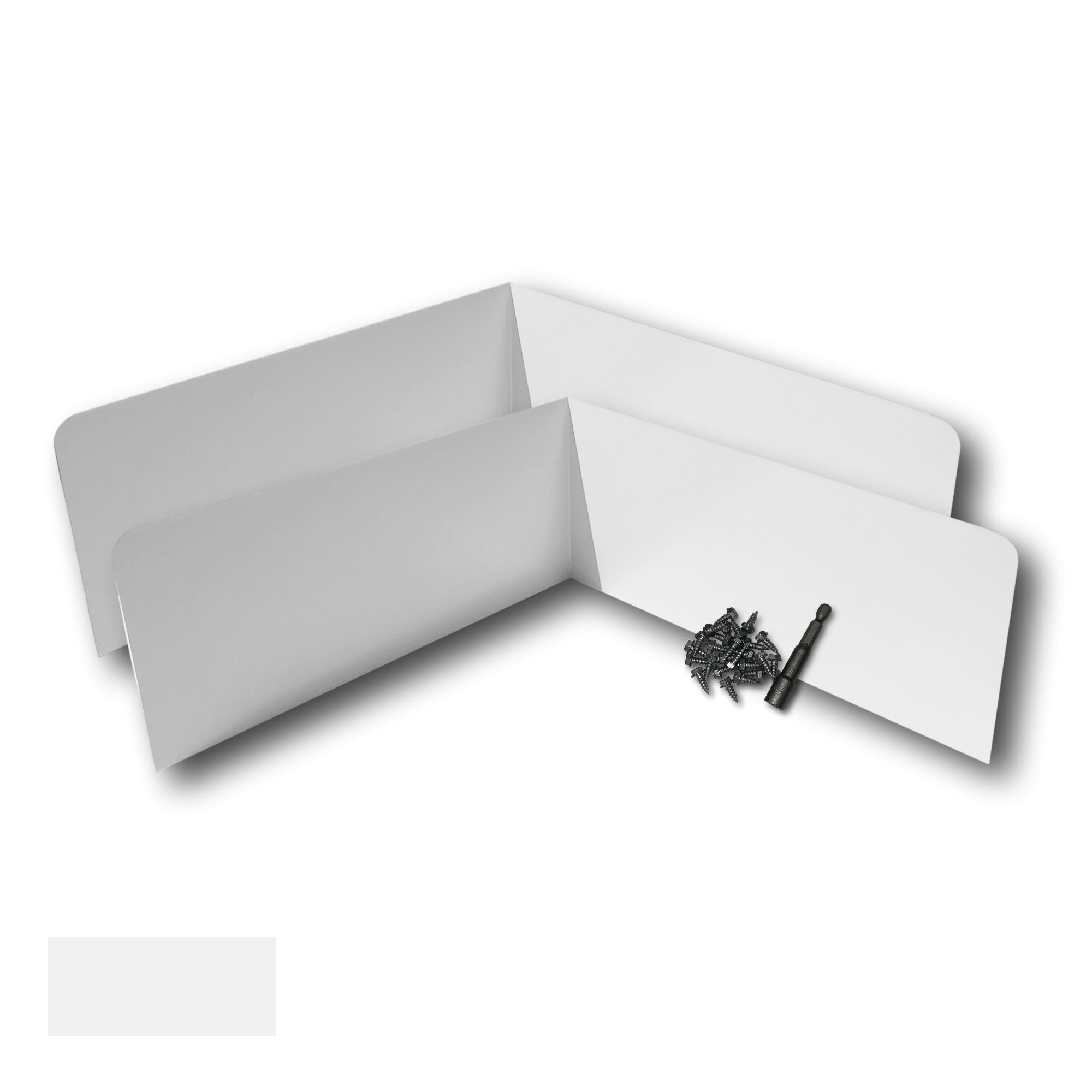 Two Rain Gutter Valley Splash Guards displayed with several sheet metal screws and a magnetic hex bit driver. There is a color swatch in the bottom left corner. The Splash Guards are Oversized Bent in size, and White in color.