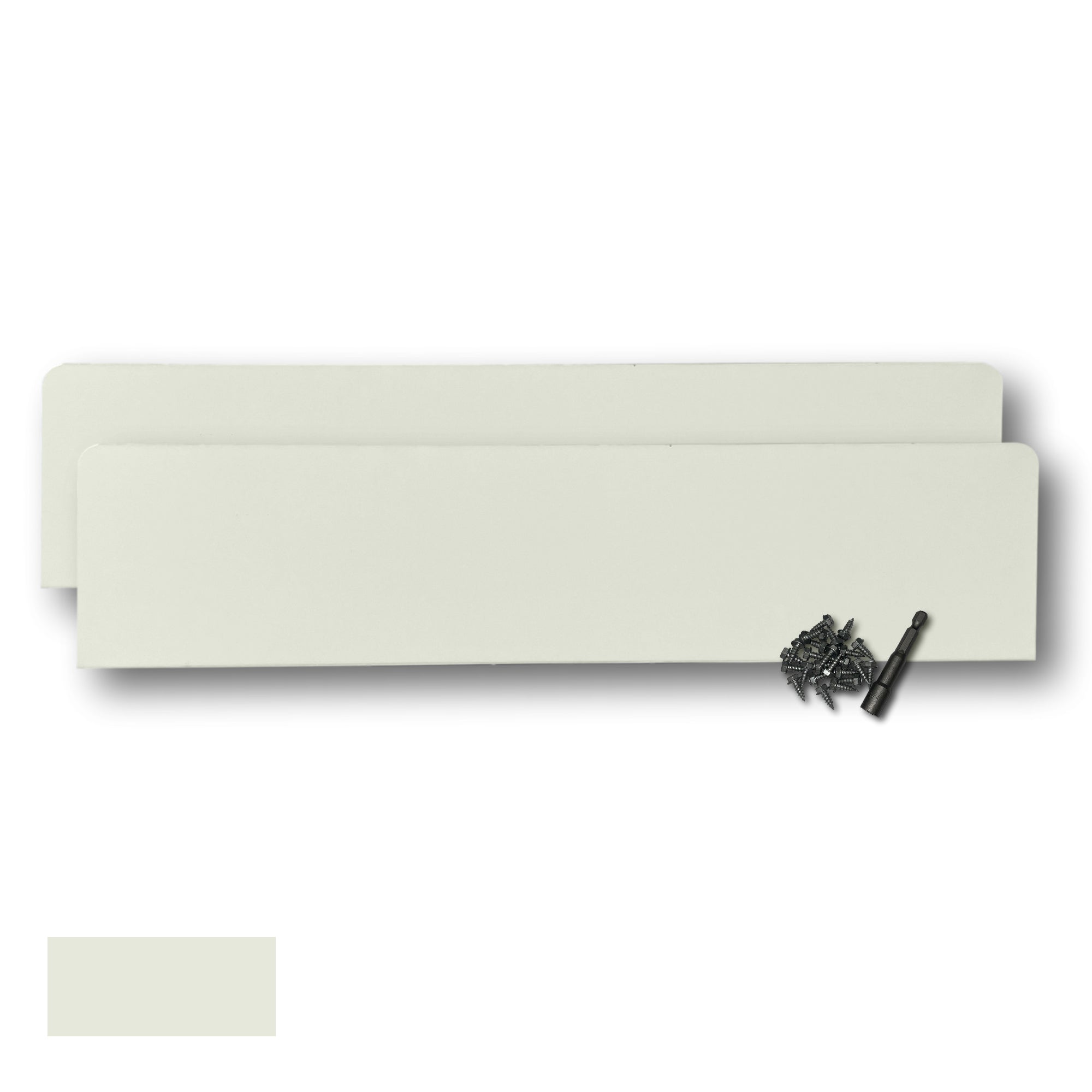 Two Rain Gutter Valley Splash Guards displayed with several sheet metal screws and a magnetic hex bit driver. There is a color swatch in the bottom left corner. The Splash Guards are Oversized Straight in size, and Almond in color.