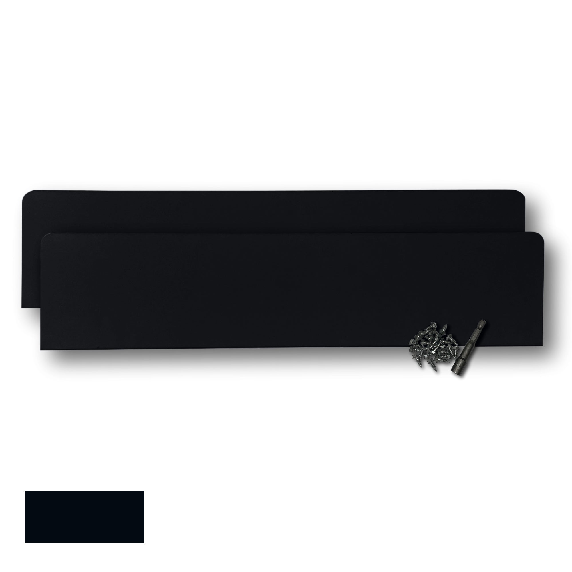 Two Rain Gutter Valley Splash Guards displayed with several sheet metal screws and a magnetic hex bit driver. There is a color swatch in the bottom left corner. The Splash Guards are Oversized Straight in size, and Black in color.