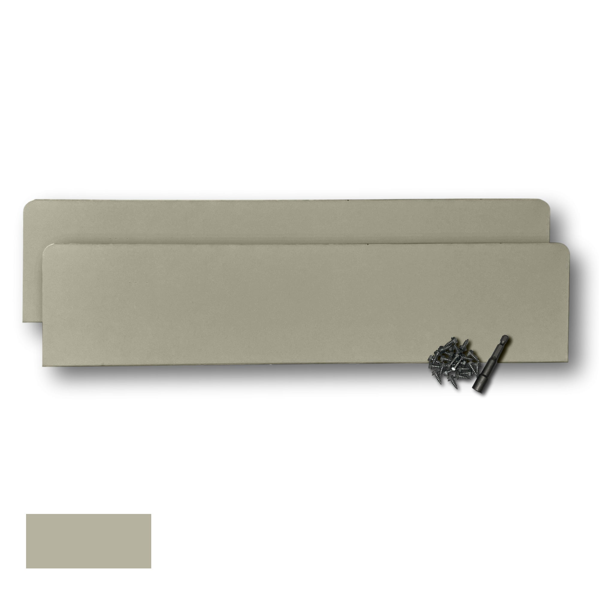 Two Rain Gutter Valley Splash Guards displayed with several sheet metal screws and a magnetic hex bit driver. There is a color swatch in the bottom left corner. The Splash Guards are Oversized Straight in size, and Clay in color.