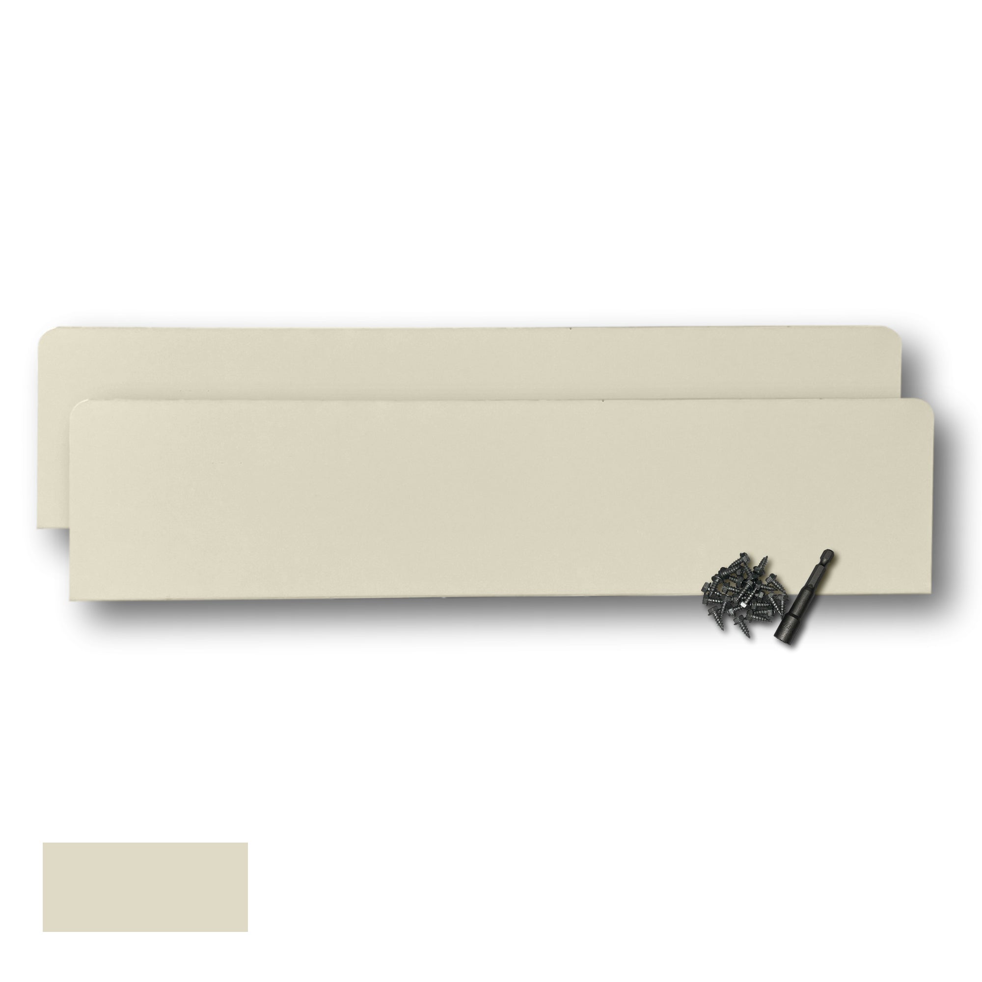 Two Rain Gutter Valley Splash Guards displayed with several sheet metal screws and a magnetic hex bit driver. There is a color swatch in the bottom left corner. The Splash Guards are Oversized Straight in size, and Cream in color.