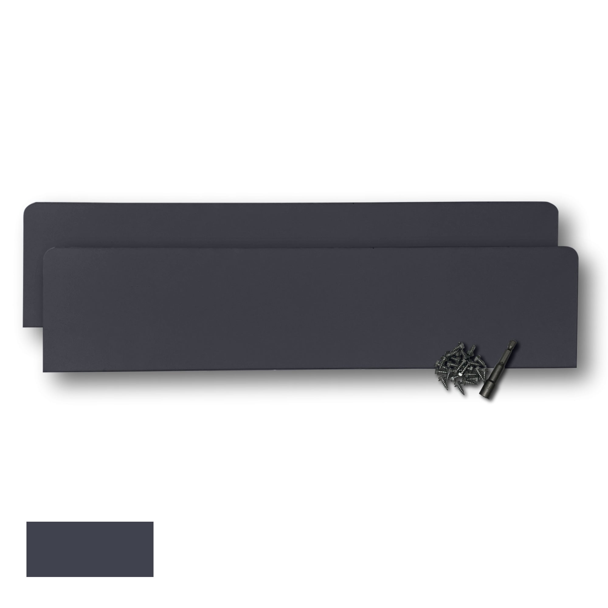 Two Rain Gutter Valley Splash Guards displayed with several sheet metal screws and a magnetic hex bit driver. There is a color swatch in the bottom left corner. The Splash Guards are Oversized Straight in size, and Dark Bronze in color.