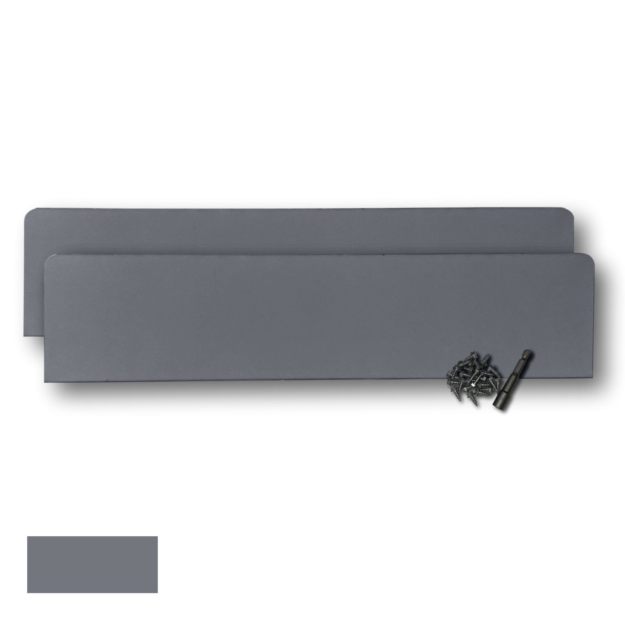 Two Rain Gutter Valley Splash Guards displayed with several sheet metal screws and a magnetic hex bit driver. There is a color swatch in the bottom left corner. The Splash Guards are Oversized Straight in size, and Dark Gray in color.
