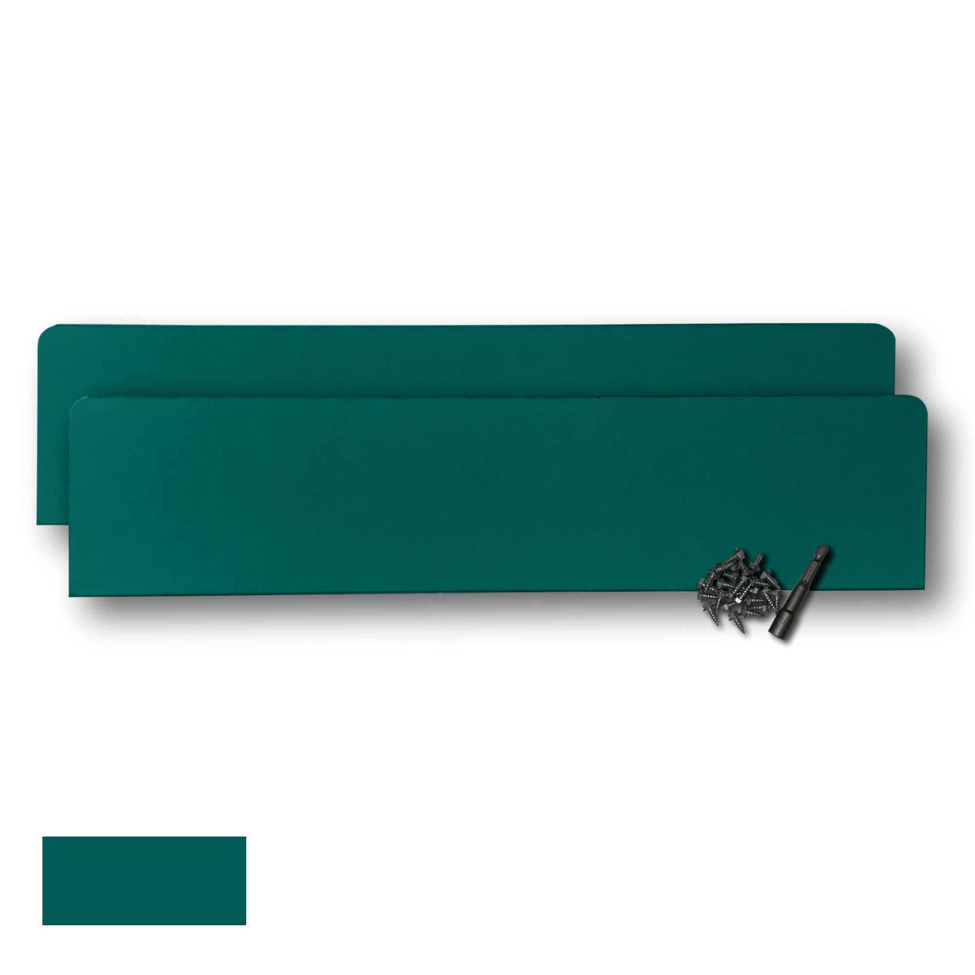 Two Rain Gutter Valley Splash Guards displayed with several sheet metal screws and a magnetic hex bit driver. There is a color swatch in the bottom left corner. The Splash Guards are Oversized Straight in size, and Grecian Green in color.