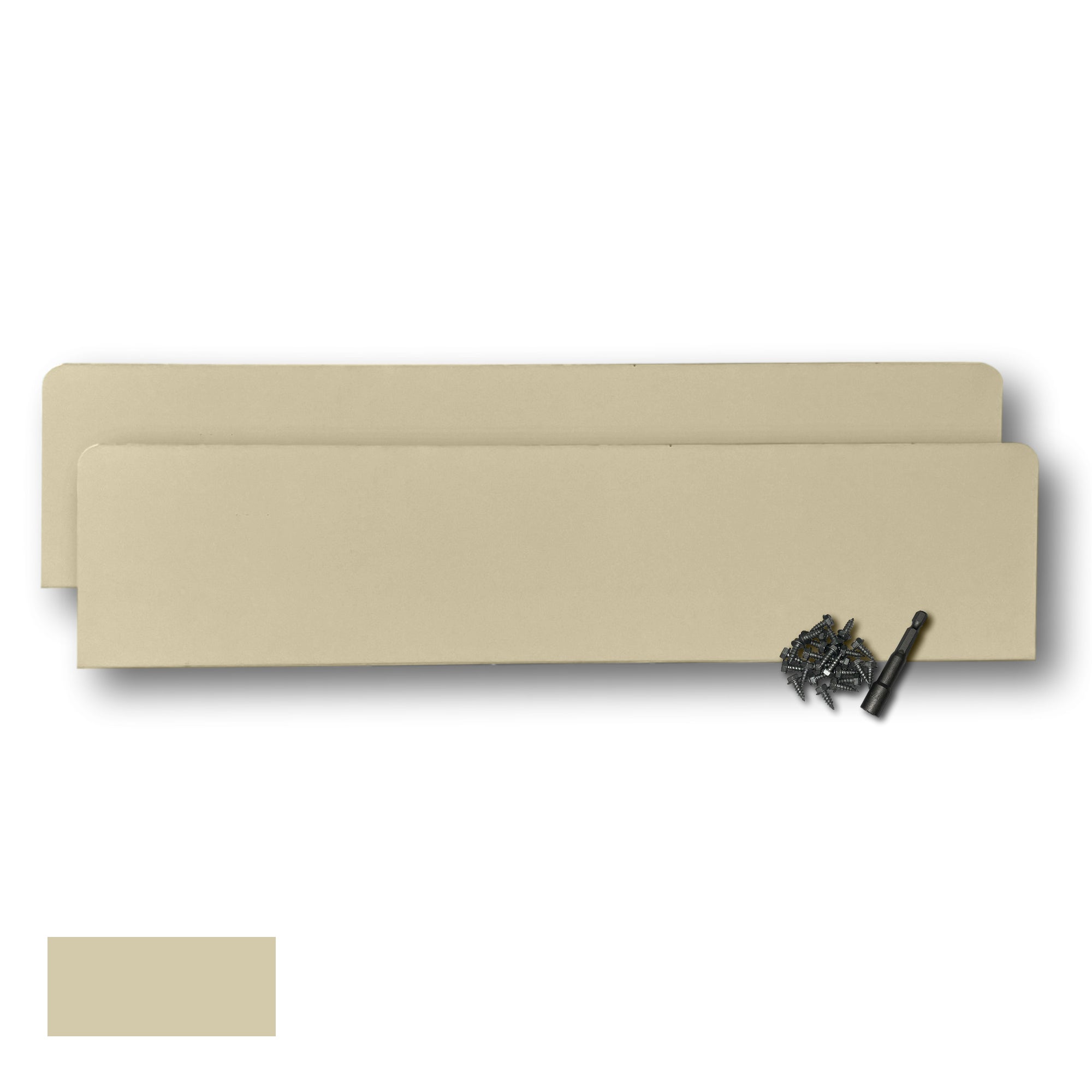 Two Rain Gutter Valley Splash Guards displayed with several sheet metal screws and a magnetic hex bit driver. There is a color swatch in the bottom left corner. The Splash Guards are Oversized Straight in size, and Ivory in color.