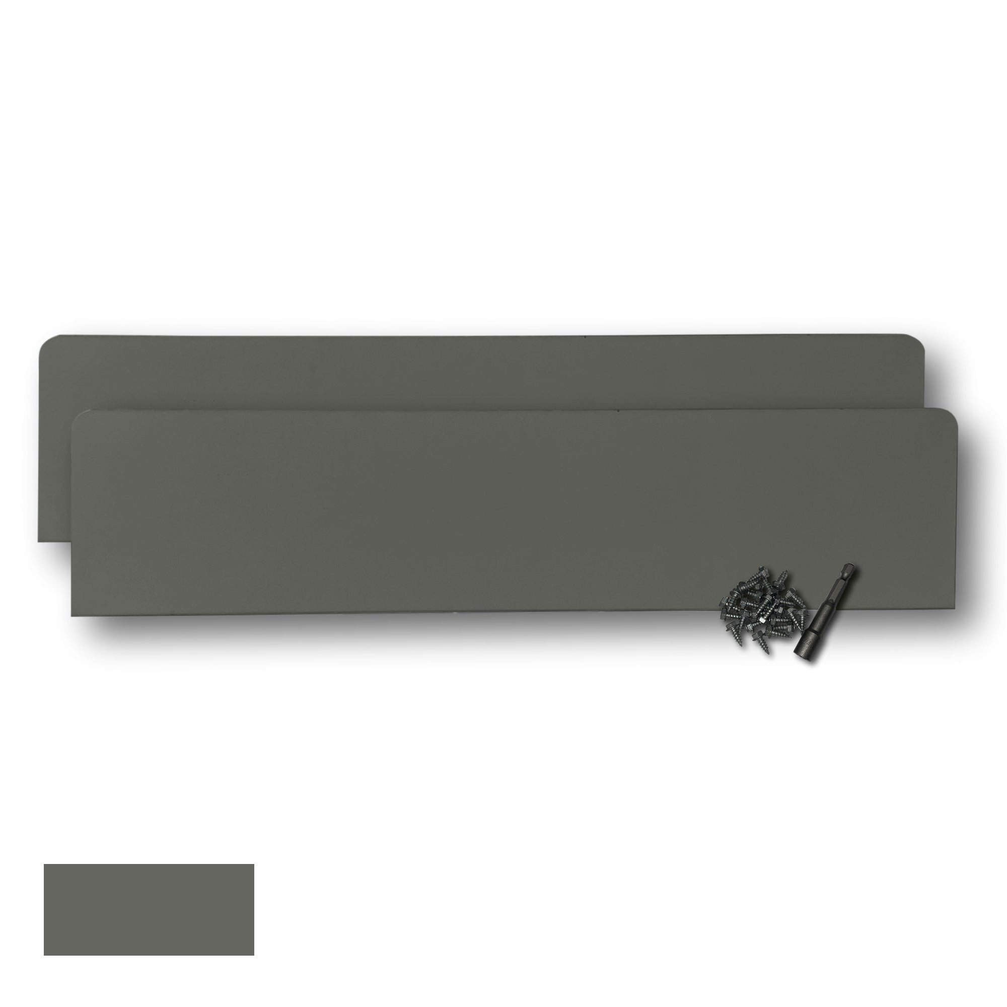 Two Rain Gutter Valley Splash Guards displayed with several sheet metal screws and a magnetic hex bit driver. There is a color swatch in the bottom left corner. The Splash Guards are Oversized Straight in size, and Light Bronze in color.