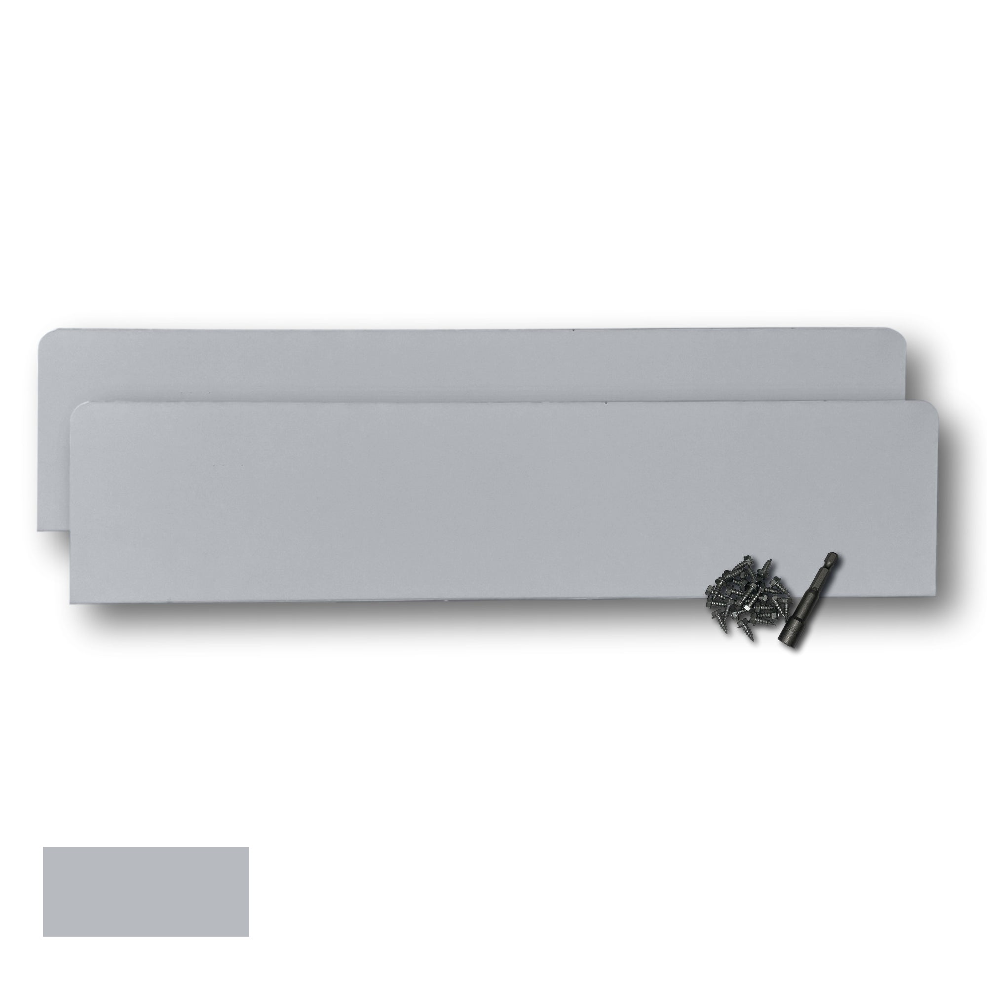 Two Rain Gutter Valley Splash Guards displayed with several sheet metal screws and a magnetic hex bit driver. There is a color swatch in the bottom left corner. The Splash Guards are Oversized Straight in size, and Light Gray in color.