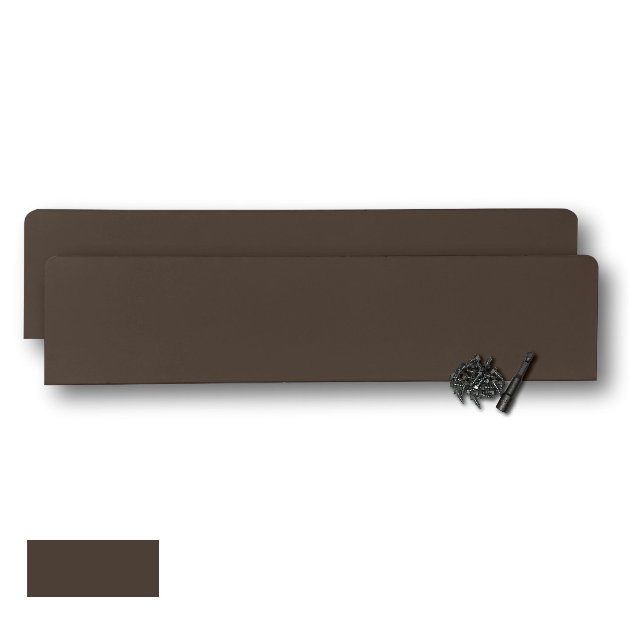 Two Rain Gutter Valley Splash Guards displayed with several sheet metal screws and a magnetic hex bit driver. There is a color swatch in the bottom left corner. The Splash Guards are Oversized Straight in size, and Musket Brown in color.