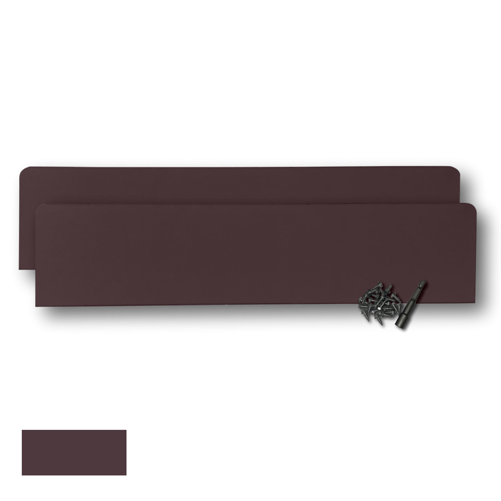Two Rain Gutter Valley Splash Guards displayed with several sheet metal screws and a magnetic hex bit driver. There is a color swatch in the bottom left corner. The Splash Guards are Oversized Straight in size, and Royal Brown in color.