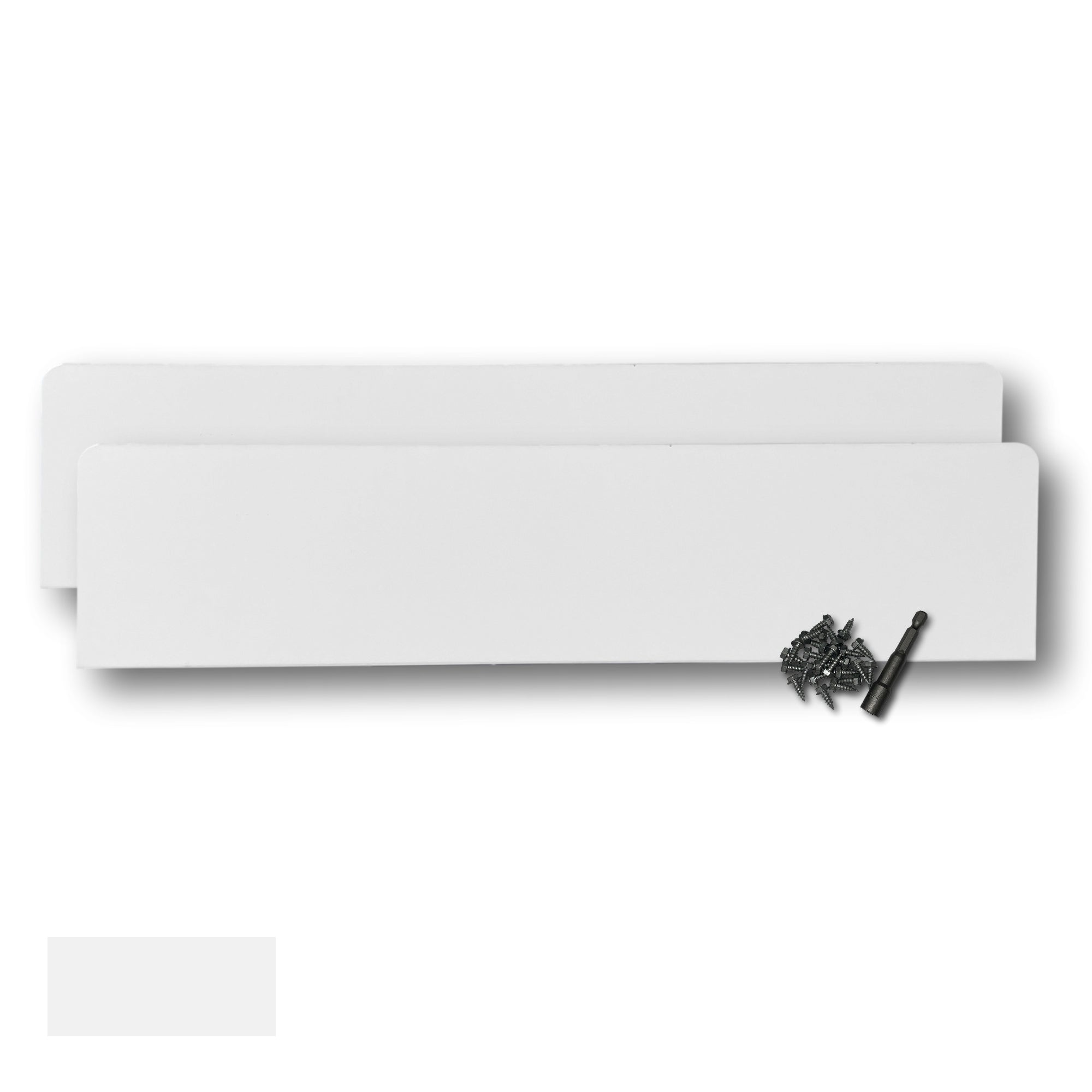 Two Rain Gutter Valley Splash Guards displayed with several sheet metal screws and a magnetic hex bit driver. There is a color swatch in the bottom left corner. The Splash Guards are Oversized Straight in size, and White in color.