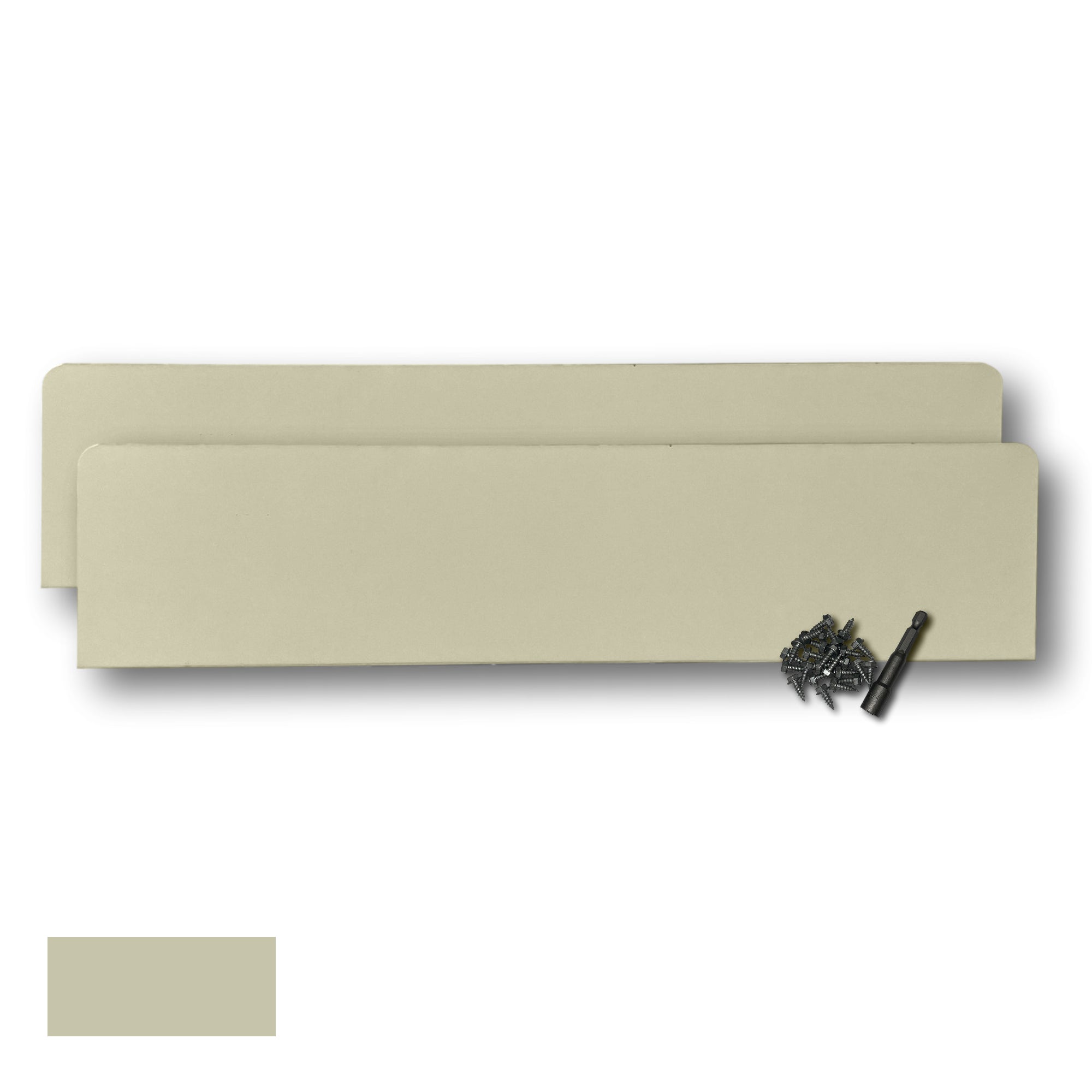Two Rain Gutter Valley Splash Guards displayed with several sheet metal screws and a magnetic hex bit driver. There is a color swatch in the bottom left corner. The Splash Guards are Oversized Straight in size, and Wicker in color.