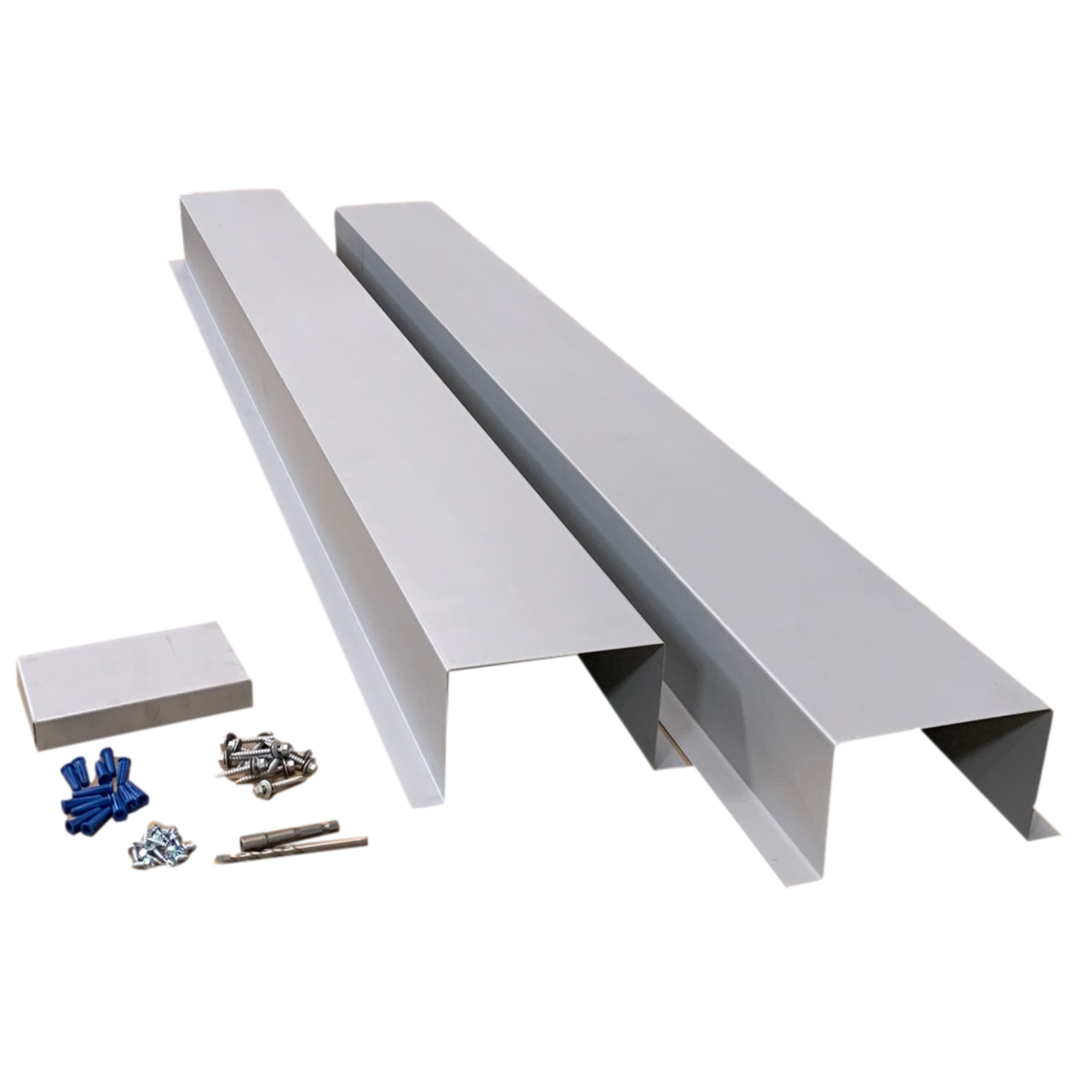 A set of PermaCover HVAC Line Set Covers that consists of two 5 FT sections, two end caps, fasteners, and a hex bit driver and masonry bit. The sections are made for covering existing HVAC line sets, and are made of 26 gauge Paintable Steel.