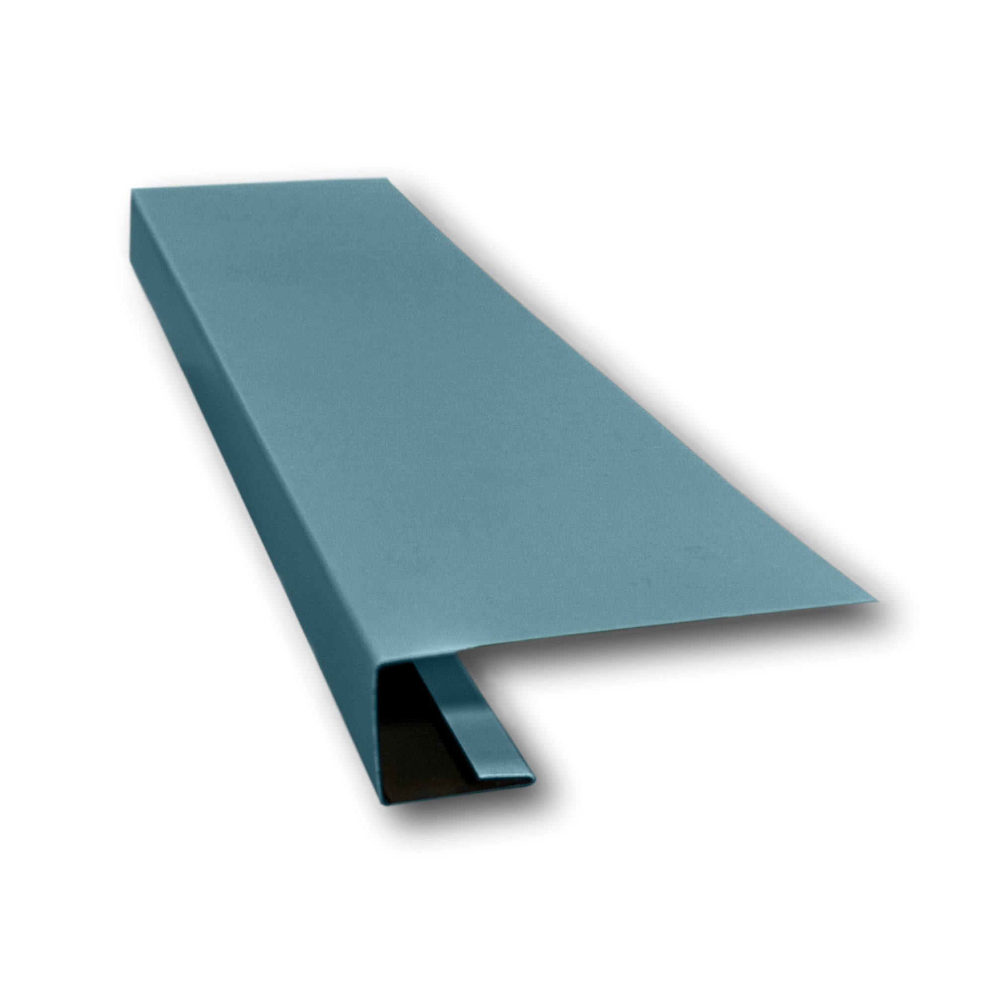 A piece of Painted Steel J-Mold on a white background. The J-Mold is Hawaiian Blue in color.
