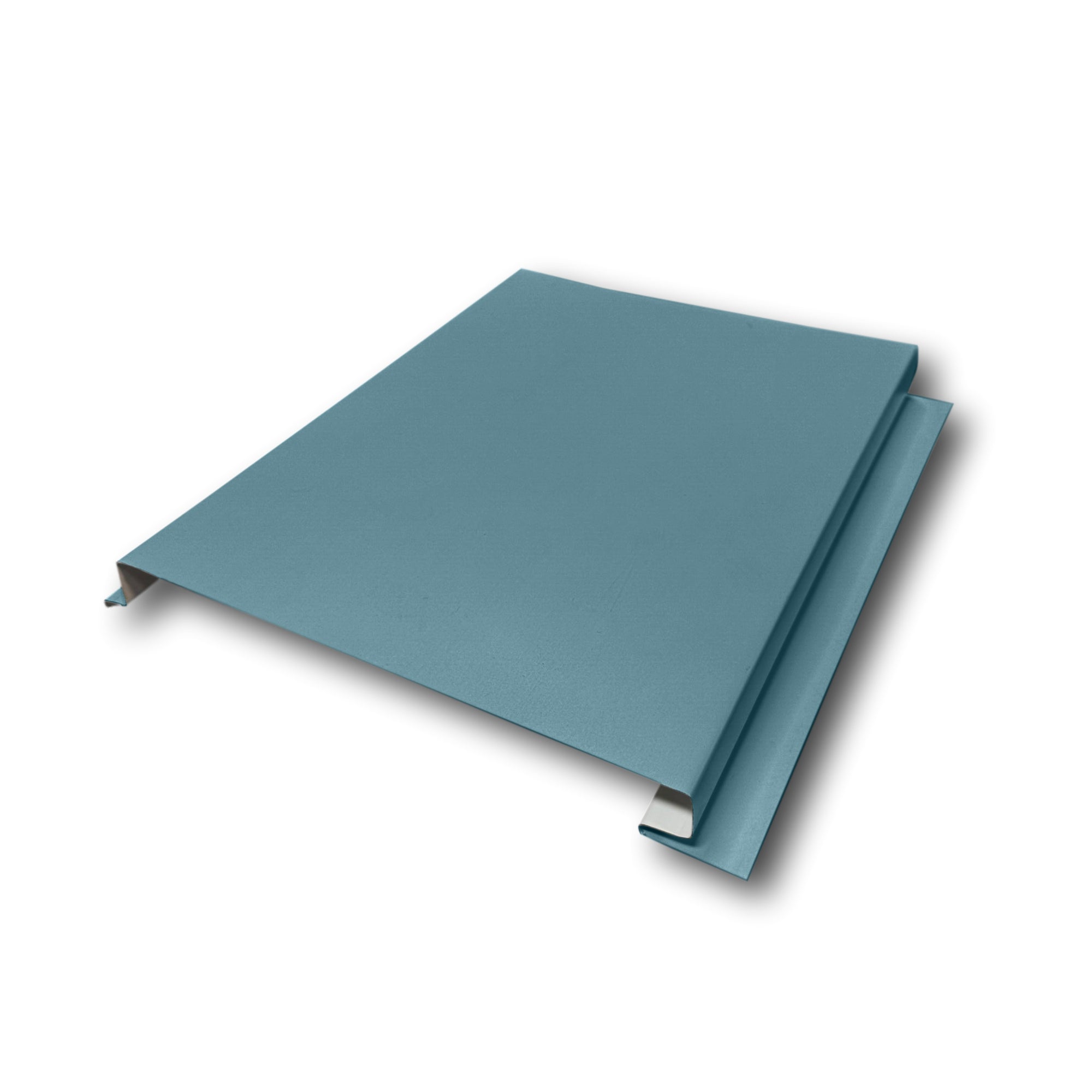 A Painted Steel Solid Soffit Panel on a white background. The Soffit Panel is Hawaiian Blue in color.