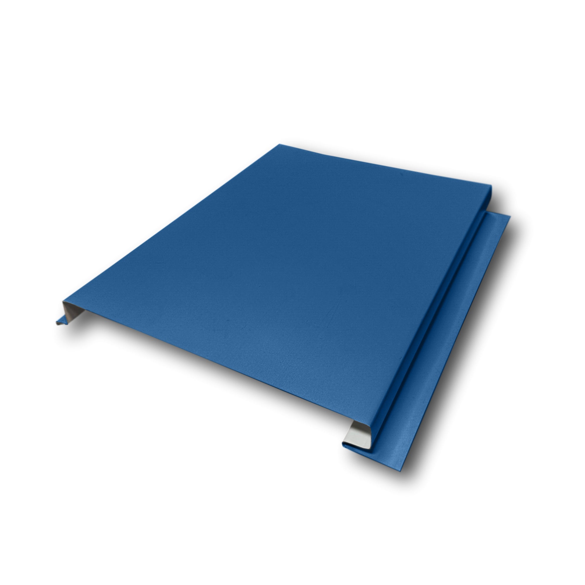 A Painted Steel Solid Soffit Panel on a white background. The Soffit Panel is Regal Blue in color.