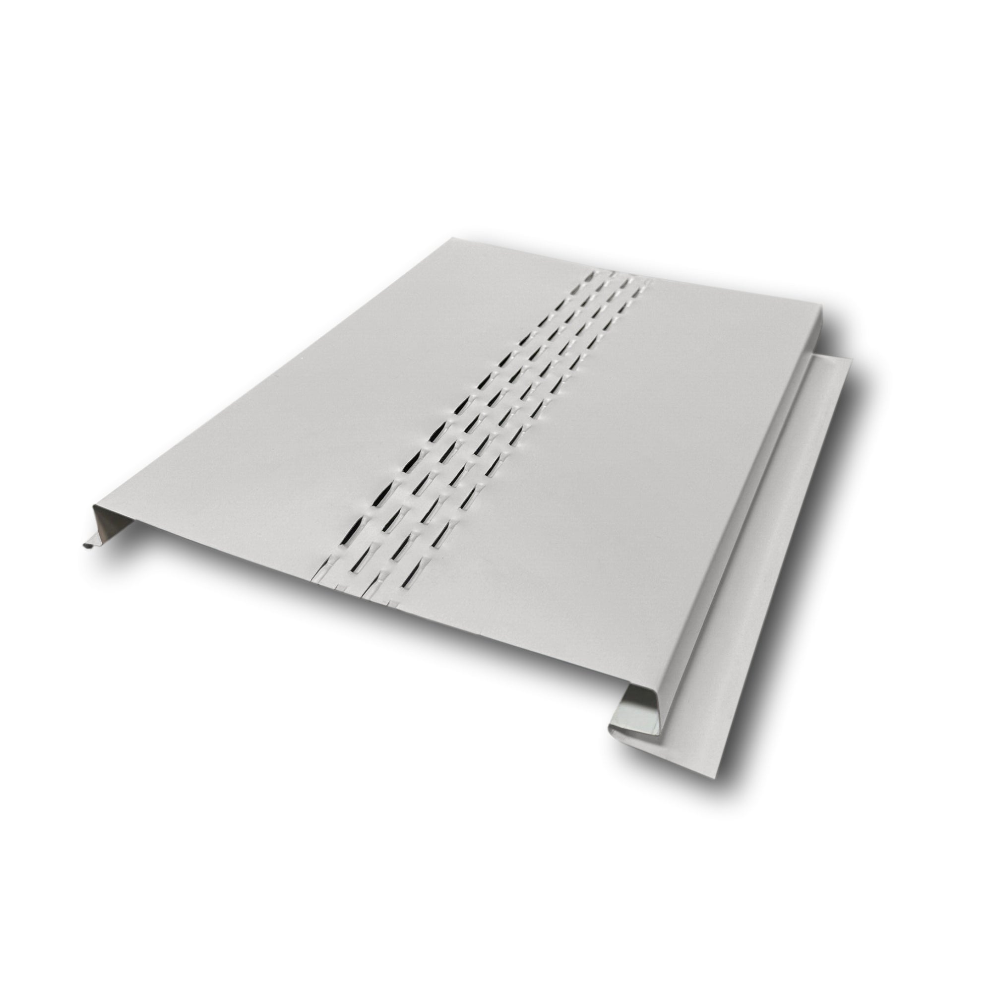 A Painted Steel Vented Soffit Panel on a white background. The Soffit Panel is Ash Gray in color.